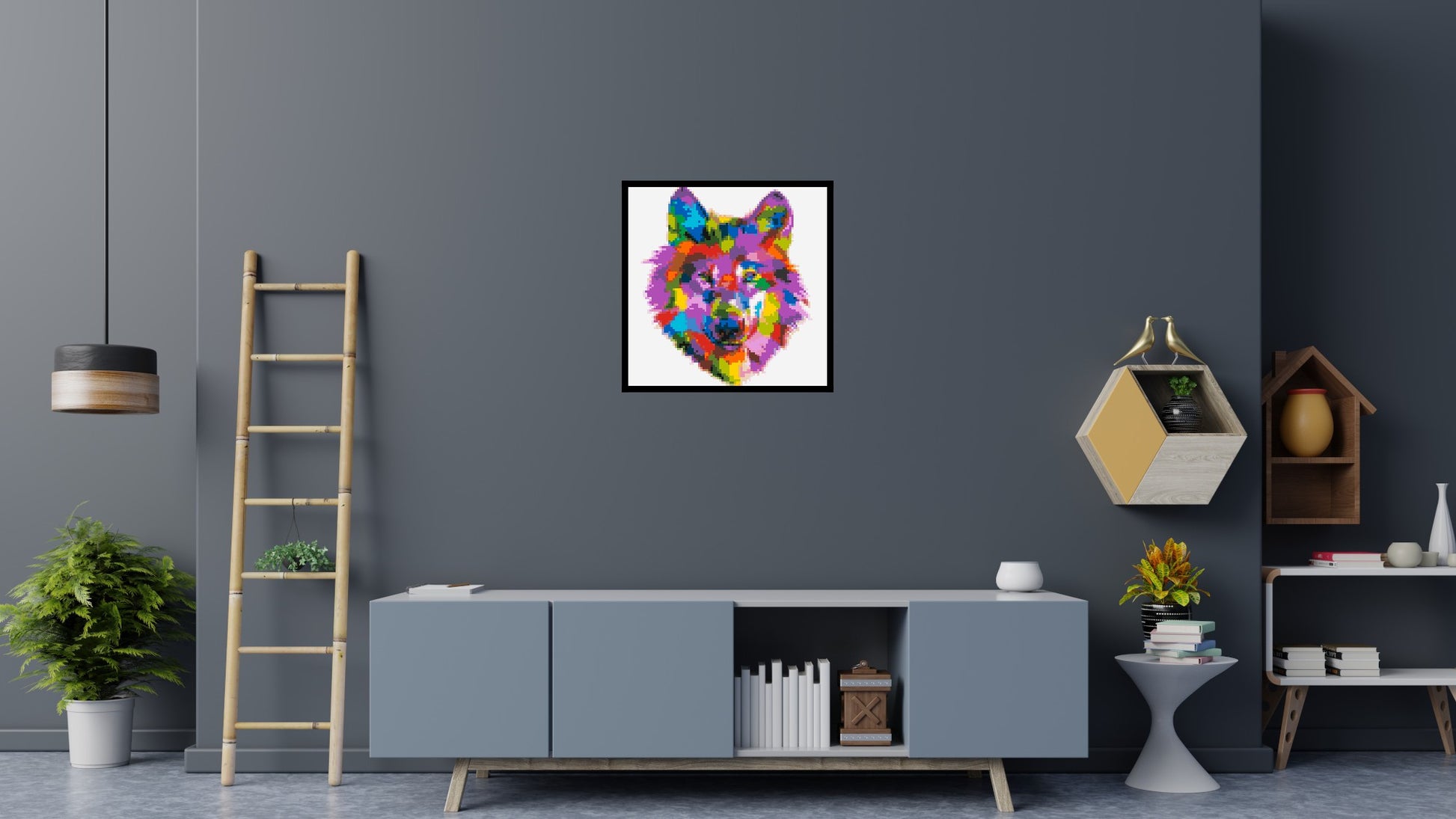 Wolf Colourful Pop Art - Brick Art Mosaic Kit 4x4 scene with frame