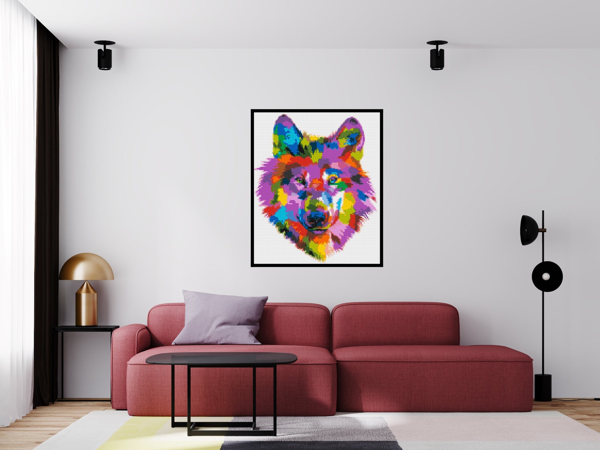 Wolf Colourful Pop Art - Brick Art Mosaic Kit 5x6 scene with frame