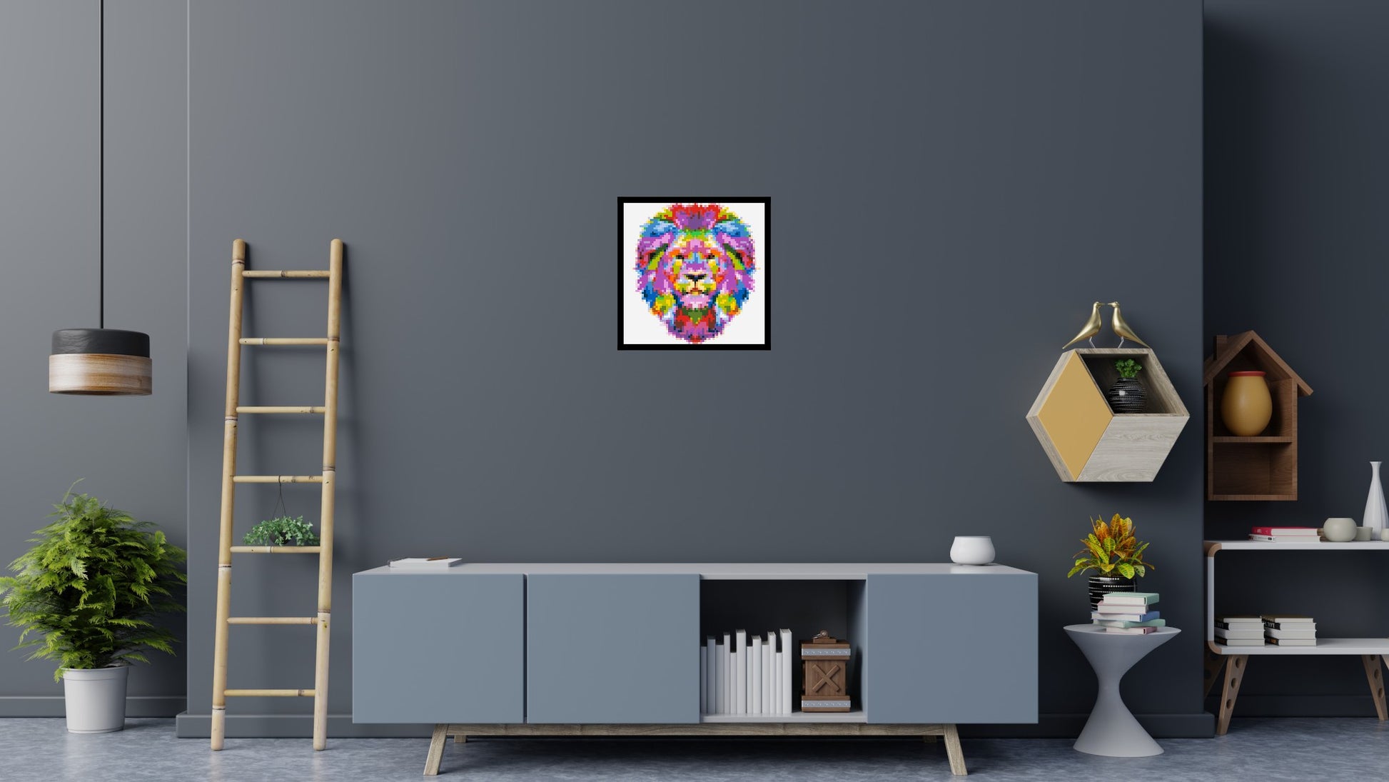 Regal Lion Colourful Pop Art - Brick Art Mosaic Kit 3x3 scene with frame