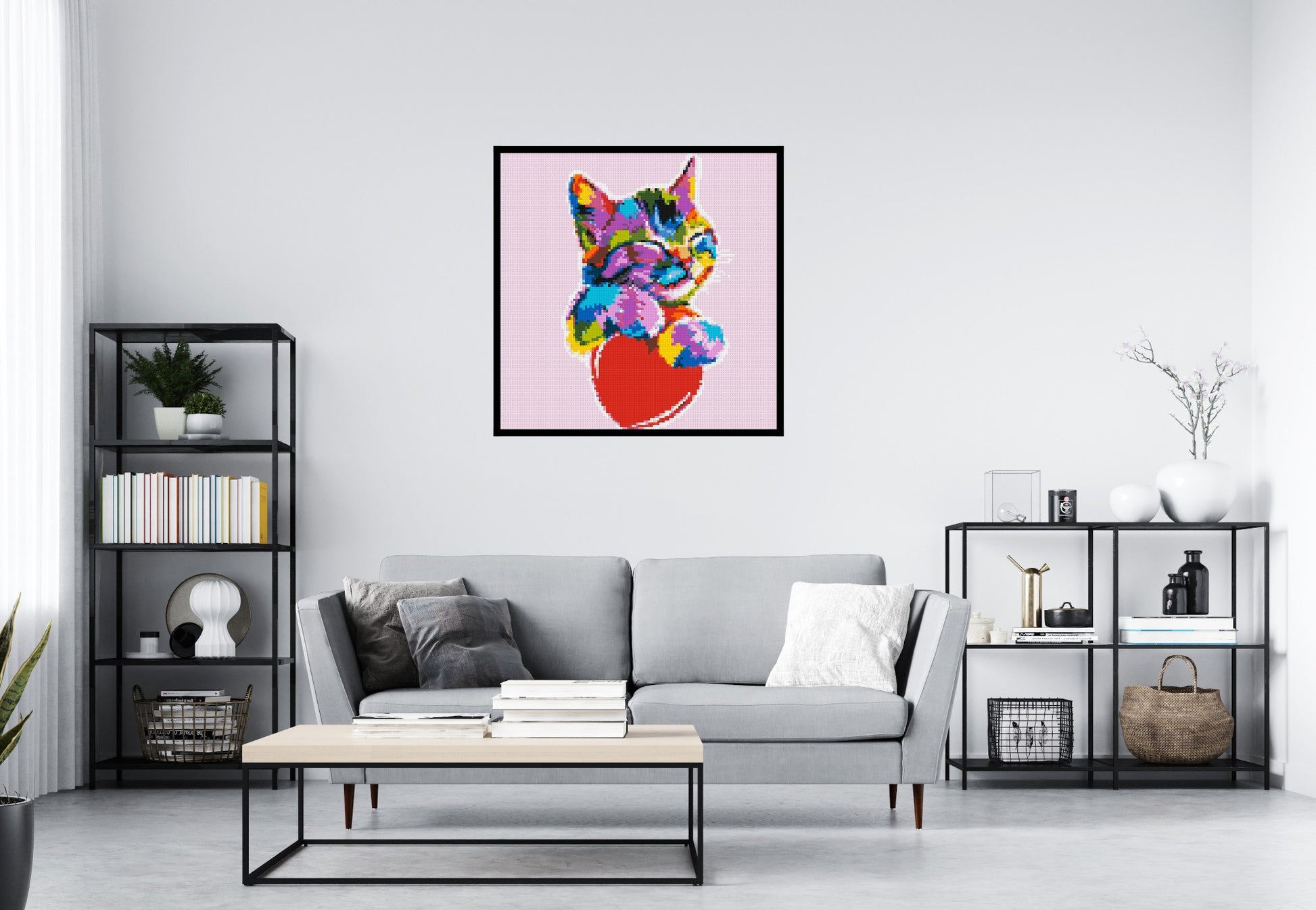 Cat with a Heart Colourful Pop Art - Brick Art Mosaic Kit 5x5 scene with frame