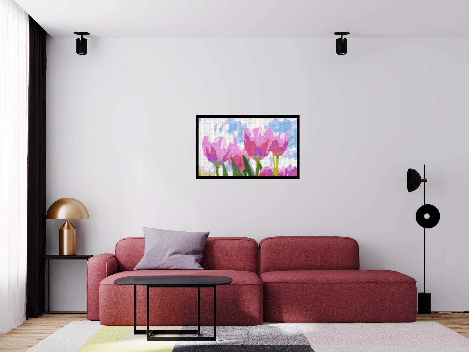 Pink Tulips - Brick Art Mosaic Kit 5x3 scene with frame