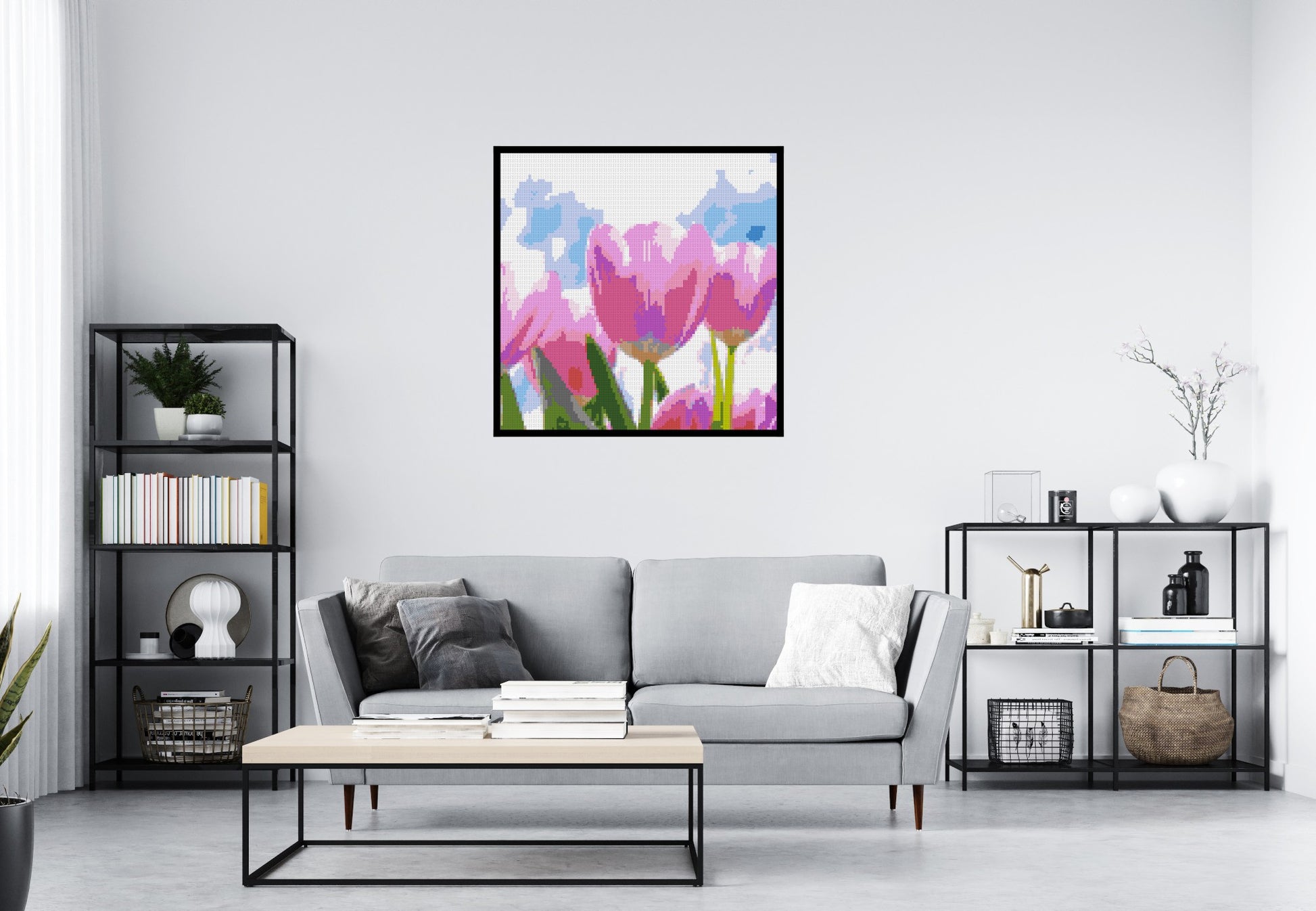 Pink Tulips - Brick Art Mosaic Kit 5x5 scene with frame