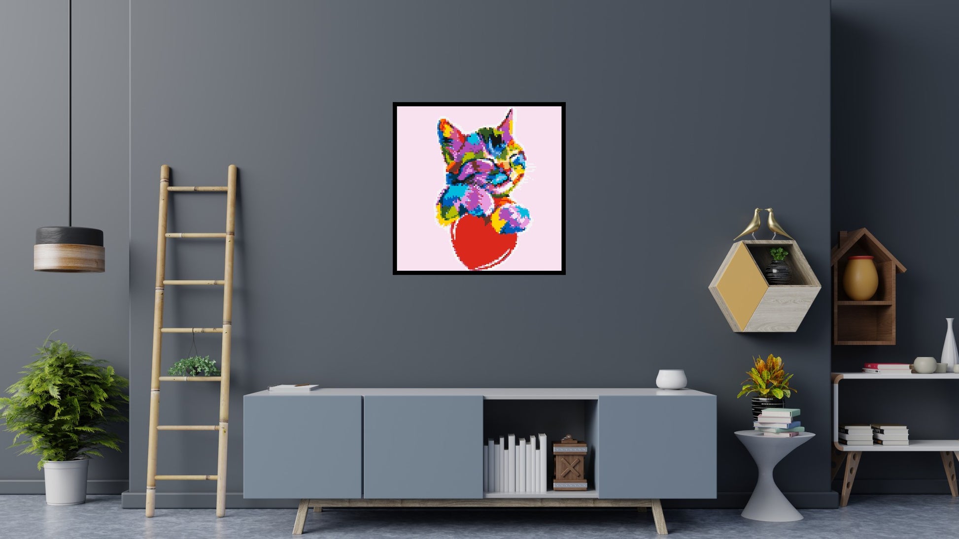 Cat with a Heart Colourful Pop Art - Brick Art Mosaic Kit 5x5 scene with frame