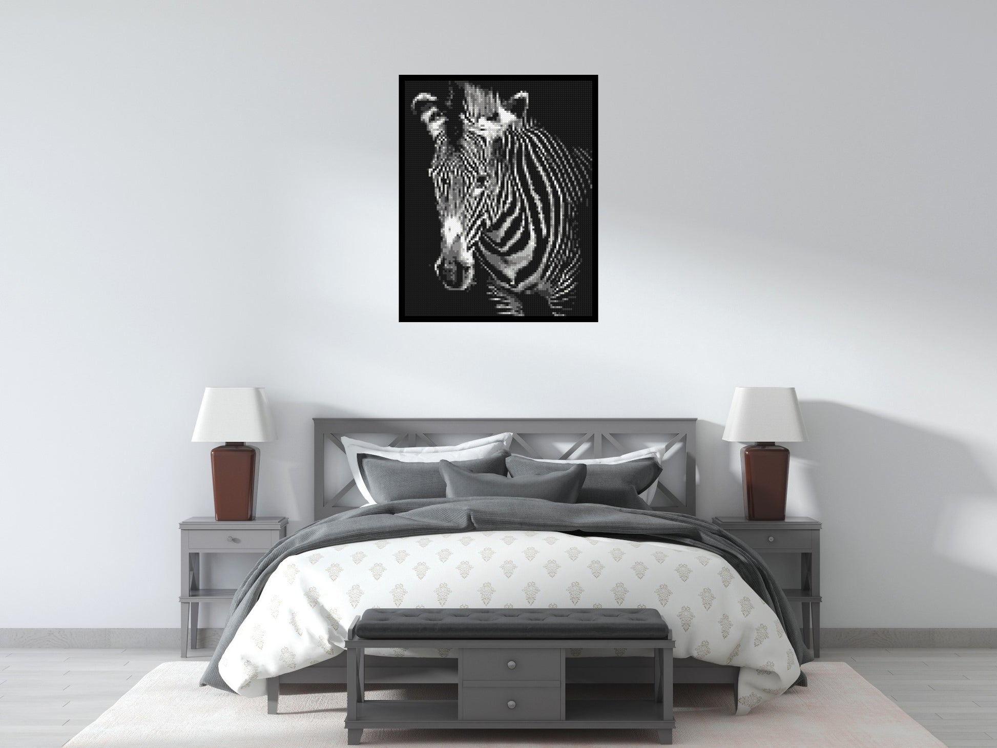 Black & White Zebra - Brick Art Mosaic Kit 4x5 scene with frame