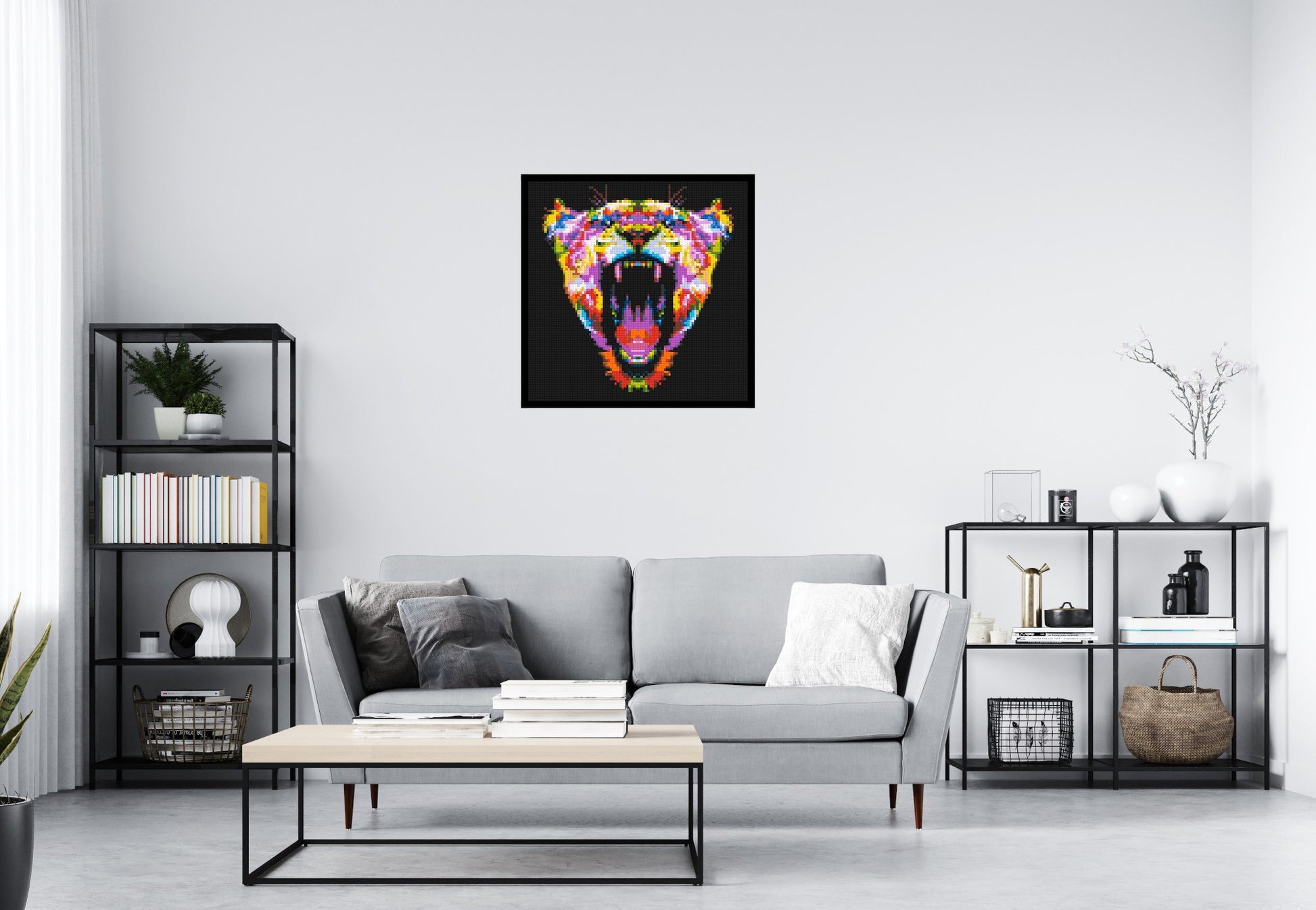 Roaring Tiger Colourful Pop Art - Brick Art Mosaic Kit 4x4 scene with frame