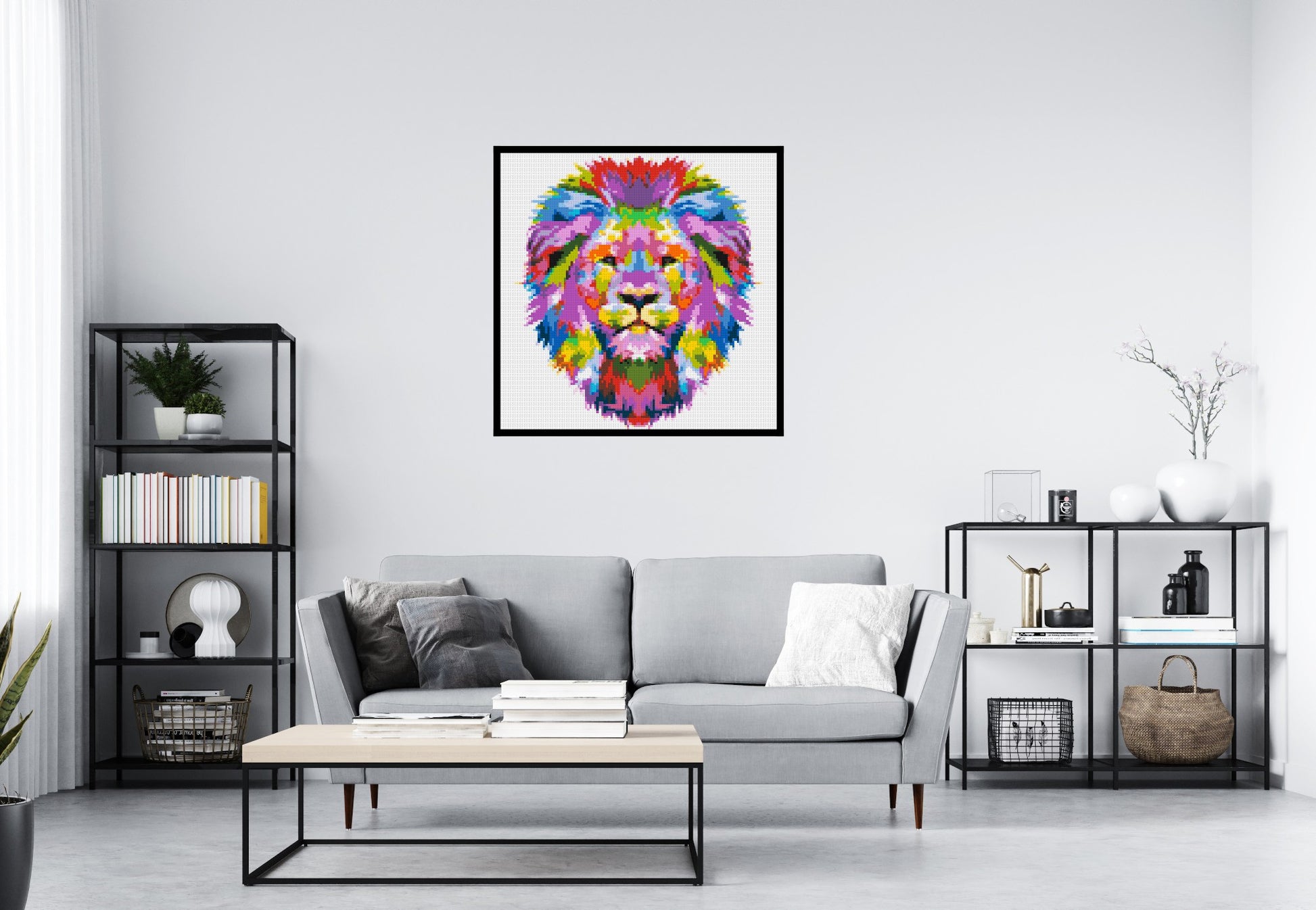 Regal Lion Colourful Pop Art - Brick Art Mosaic Kit 5x5 scene with frame