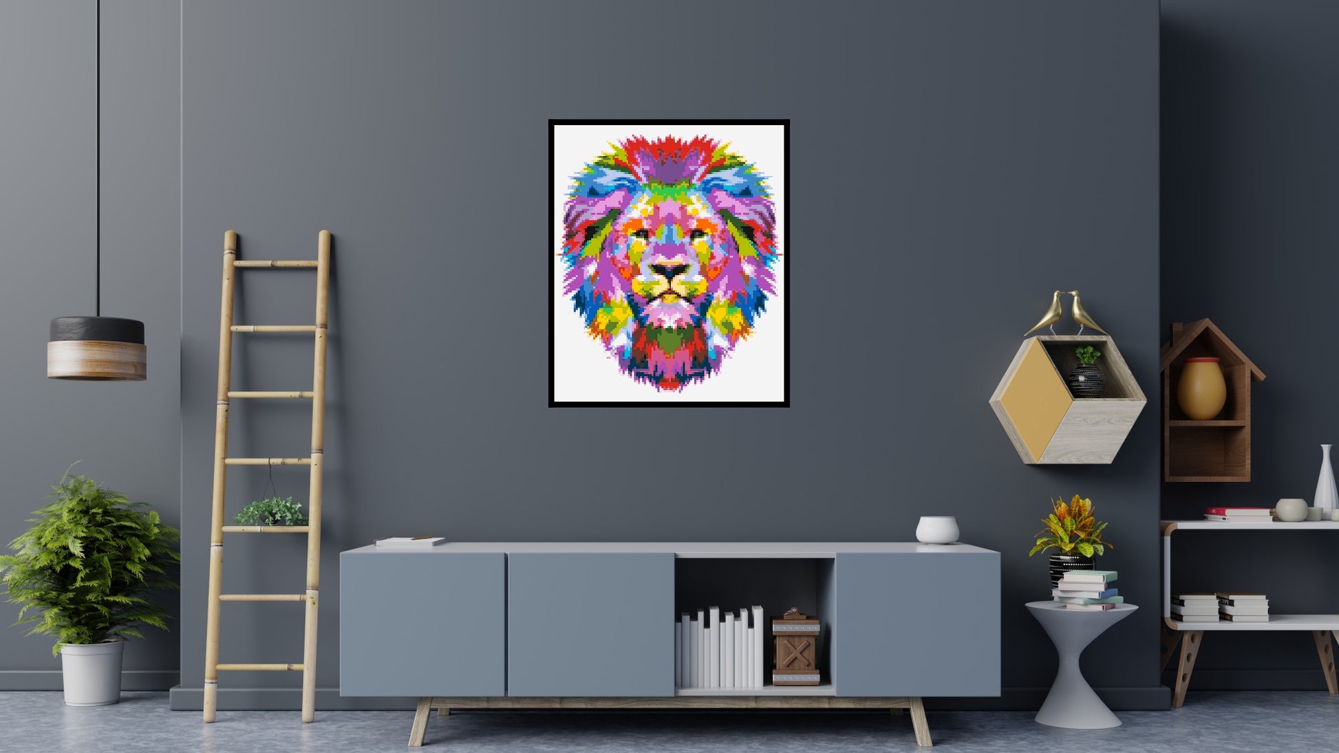 Regal Lion Colourful Pop Art - Brick Art Mosaic Kit 5x6 scene with frame