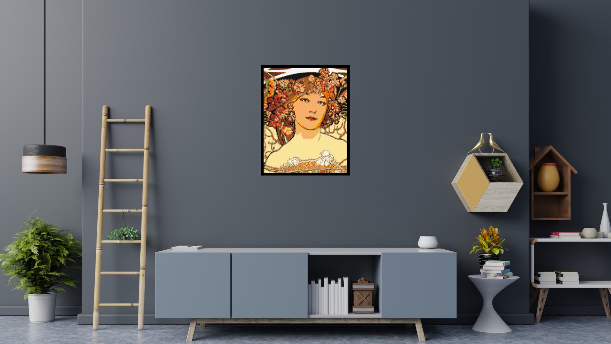 Detail of Reverie by Alphonse Mucha - Brick Art Mosaic Kit 4x5 scene with frame