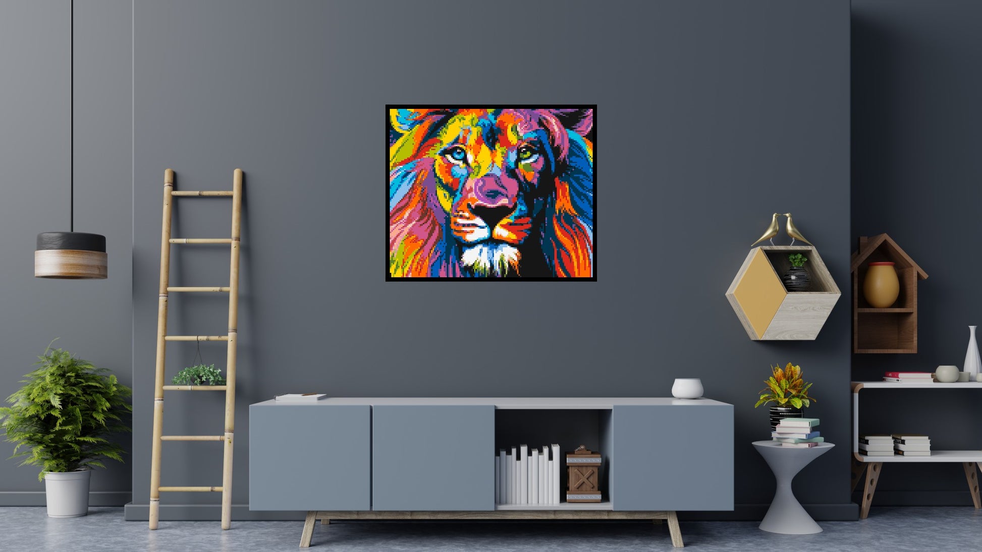 Lion Colourful Pop Art - Brick Art Mosaic Kit 6x5 scene with frame