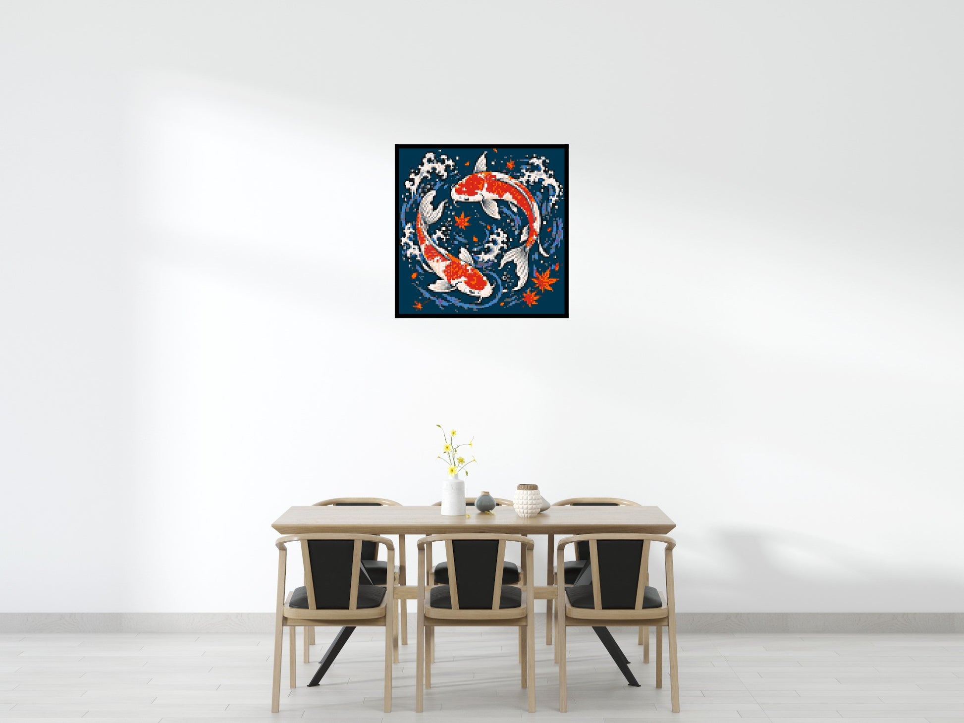 Japanese Ukiyo-e Style Swimming Koi Fish Yin Yang - Brick Art Mosaic Kit 5x5 scene with frame