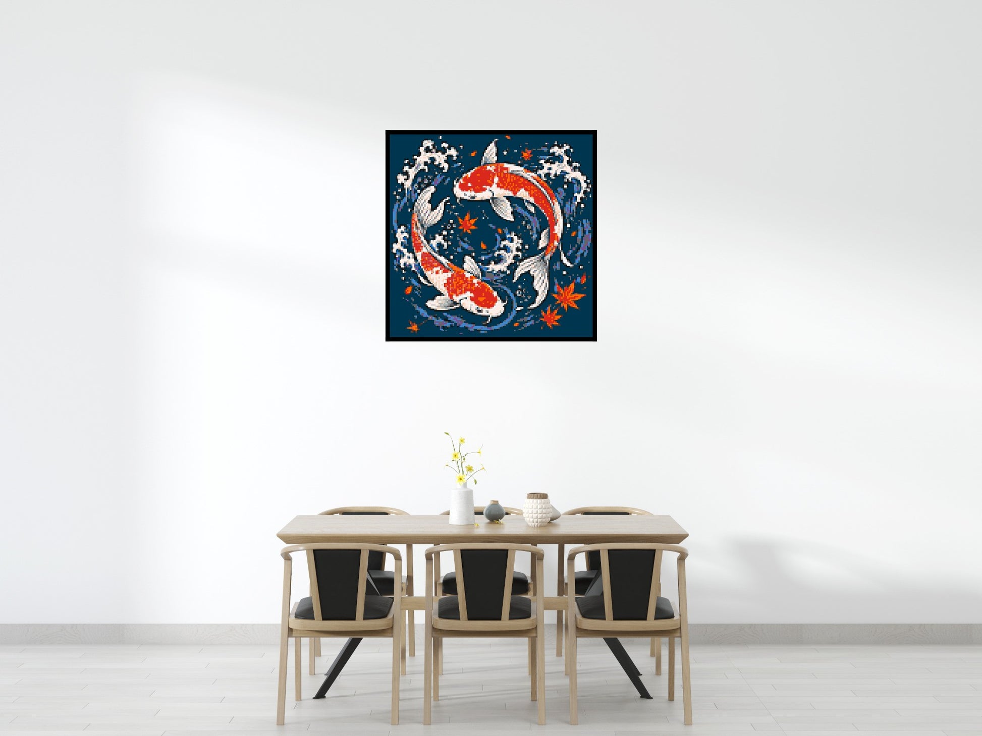 Japanese Ukiyo-e Style Swimming Koi Fish Yin Yang - Brick Art Mosaic Kit 6x6 scene with frame