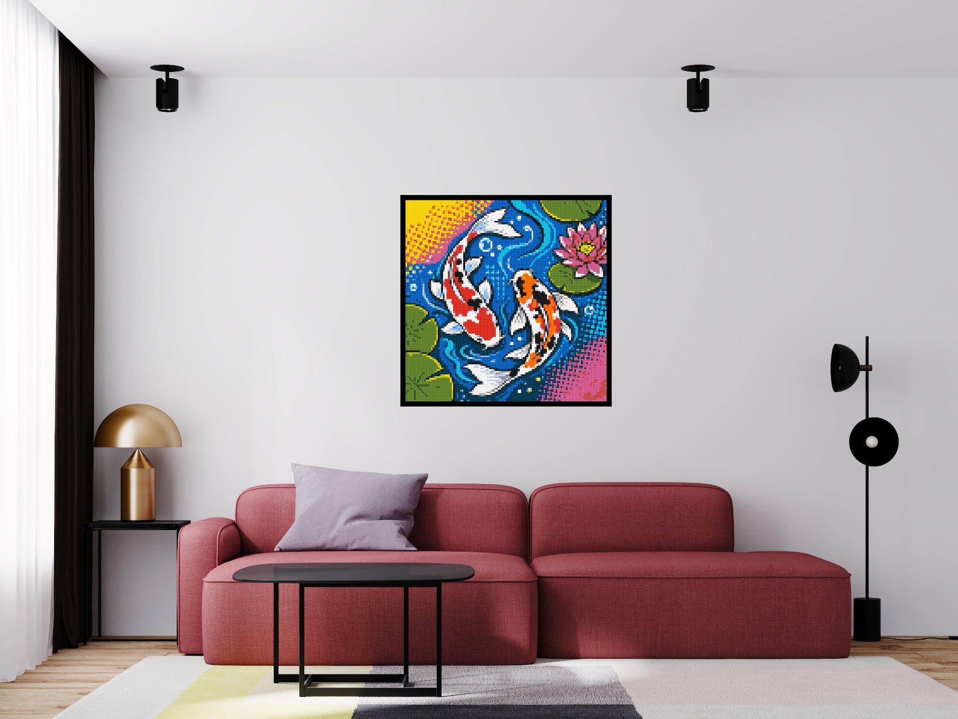 Vibrant Pond Koi Fish with Pink Lotus Blossom - Brick Art Mosaic Kit 5x5 scene with frame