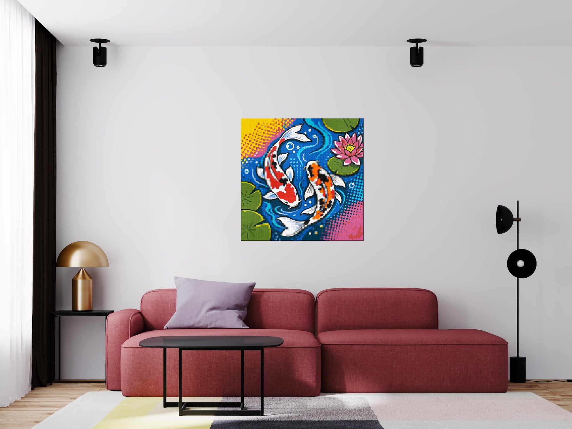 Vibrant Pond Koi Fish with Pink Lotus Blossom - Brick Art Mosaic Kit 5x5 scene