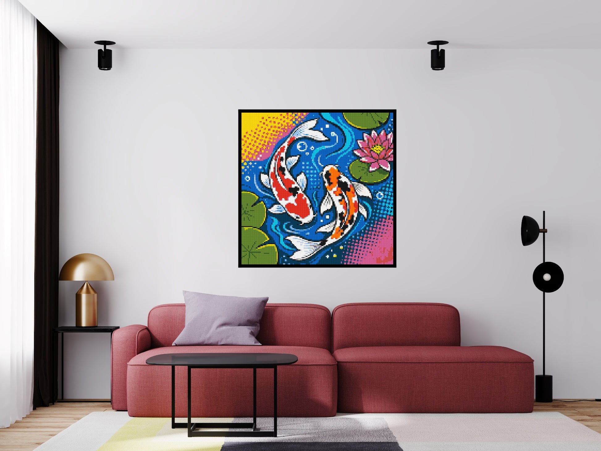 Vibrant Pond Koi Fish with Pink Lotus Blossom - Brick Art Mosaic Kit 6x6 scene with frame