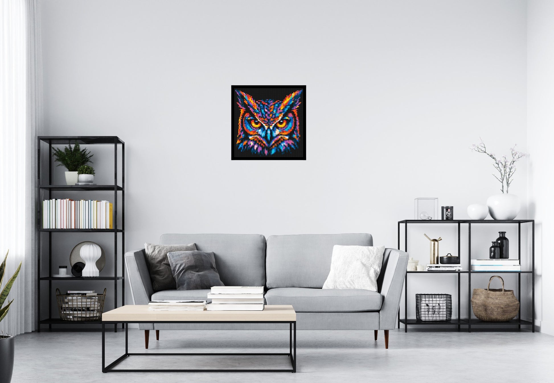 Psychedelic Neon Owl Face Pop Art - Brick Art Mosaic Kit 3x3 scene with frame