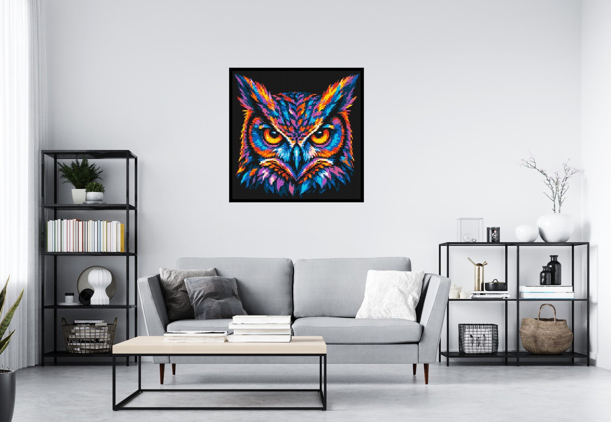 Psychedelic Neon Owl Face Pop Art - Brick Art Mosaic Kit 5x5 scene with frame