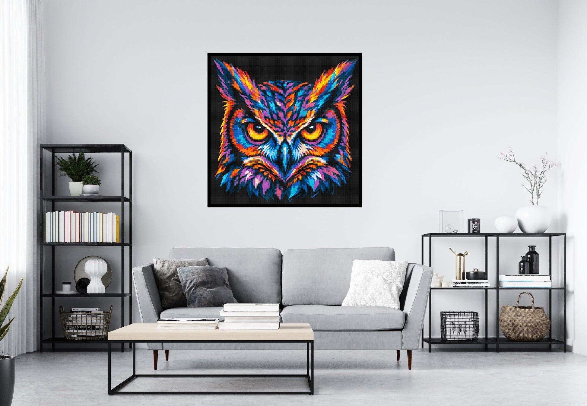 Psychedelic Neon Owl Face Pop Art - Brick Art Mosaic Kit 6x6 scene with frame