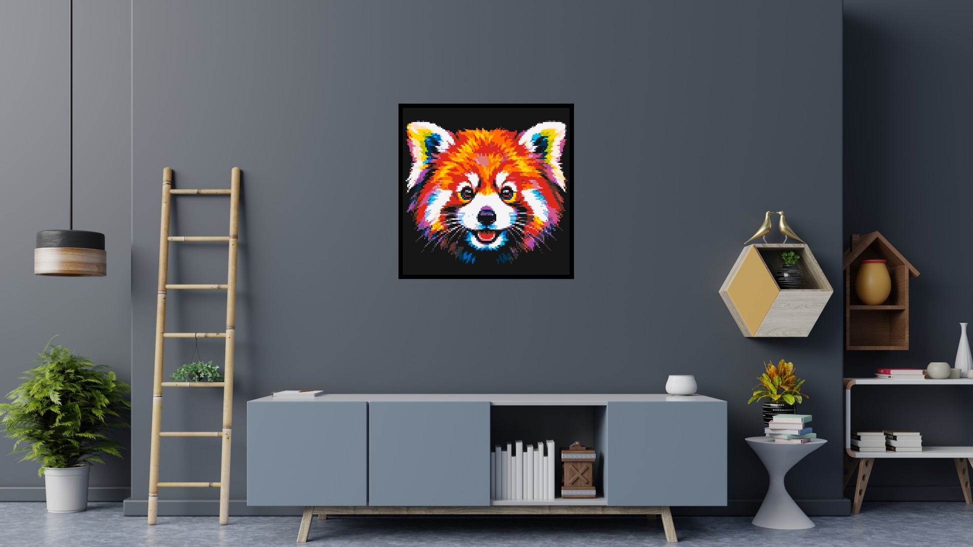 Vibrant Red Panda Face Pop Art - Brick Art Mosaic Kit 5x5 scene with frame