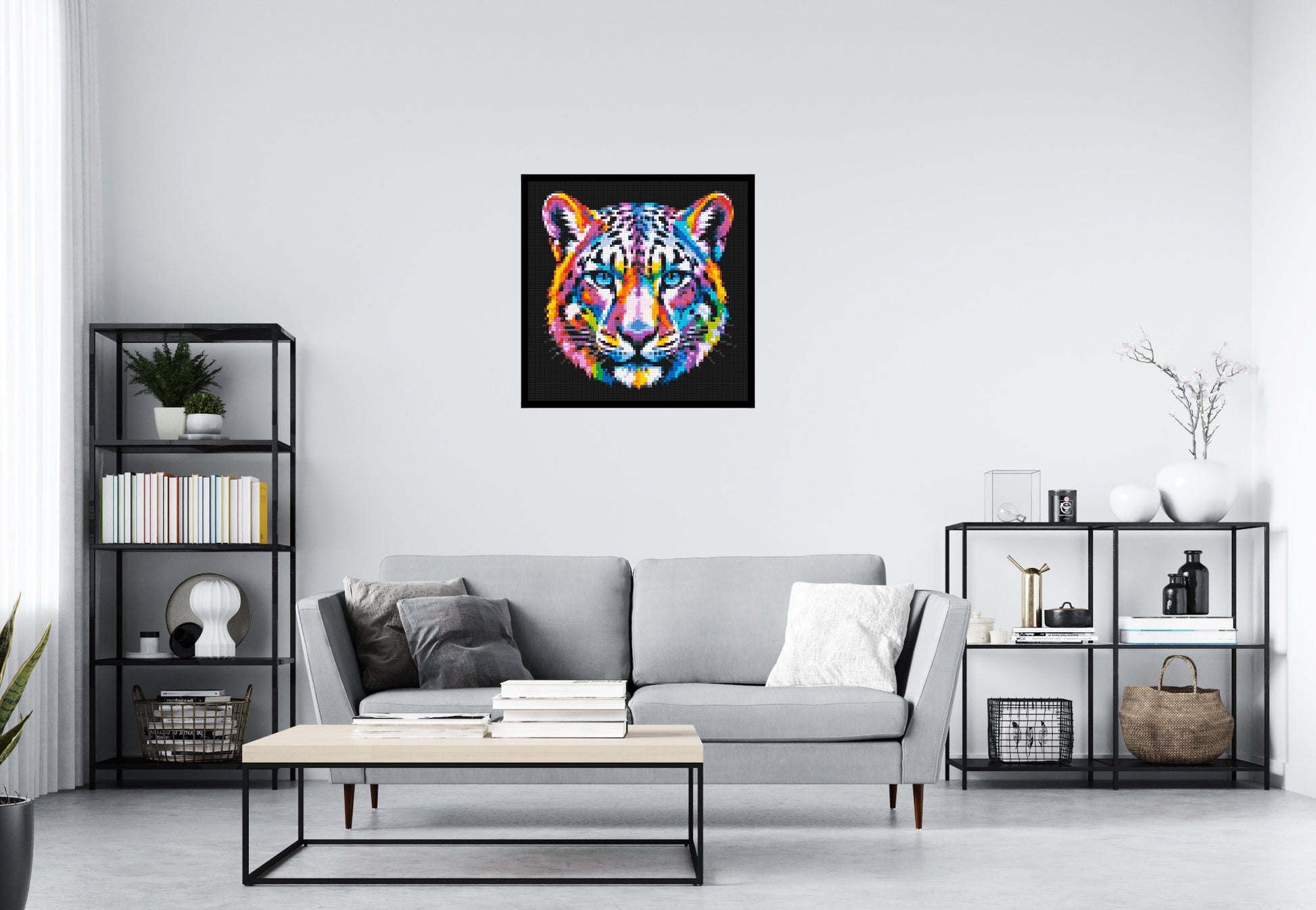 Vibrant Psychedelic Leopard Face Pop Art - Brick Art Mosaic Kit 4x4 scene with frame