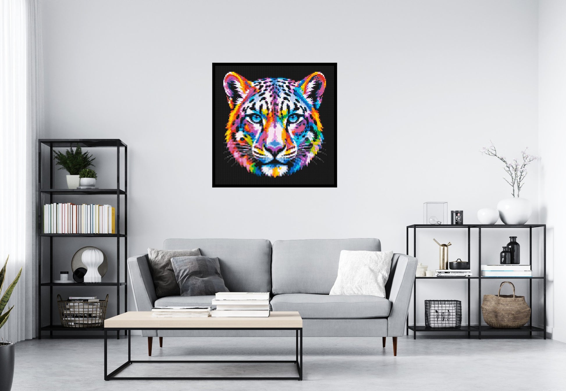 Vibrant Psychedelic Leopard Face Pop Art - Brick Art Mosaic Kit 5x5 scene with frame