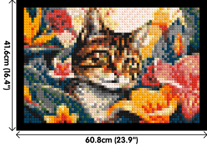 Tabby Cat in Tropical Flower Jungle Pop Art - Brick Art Mosaic Kit 3x2 large