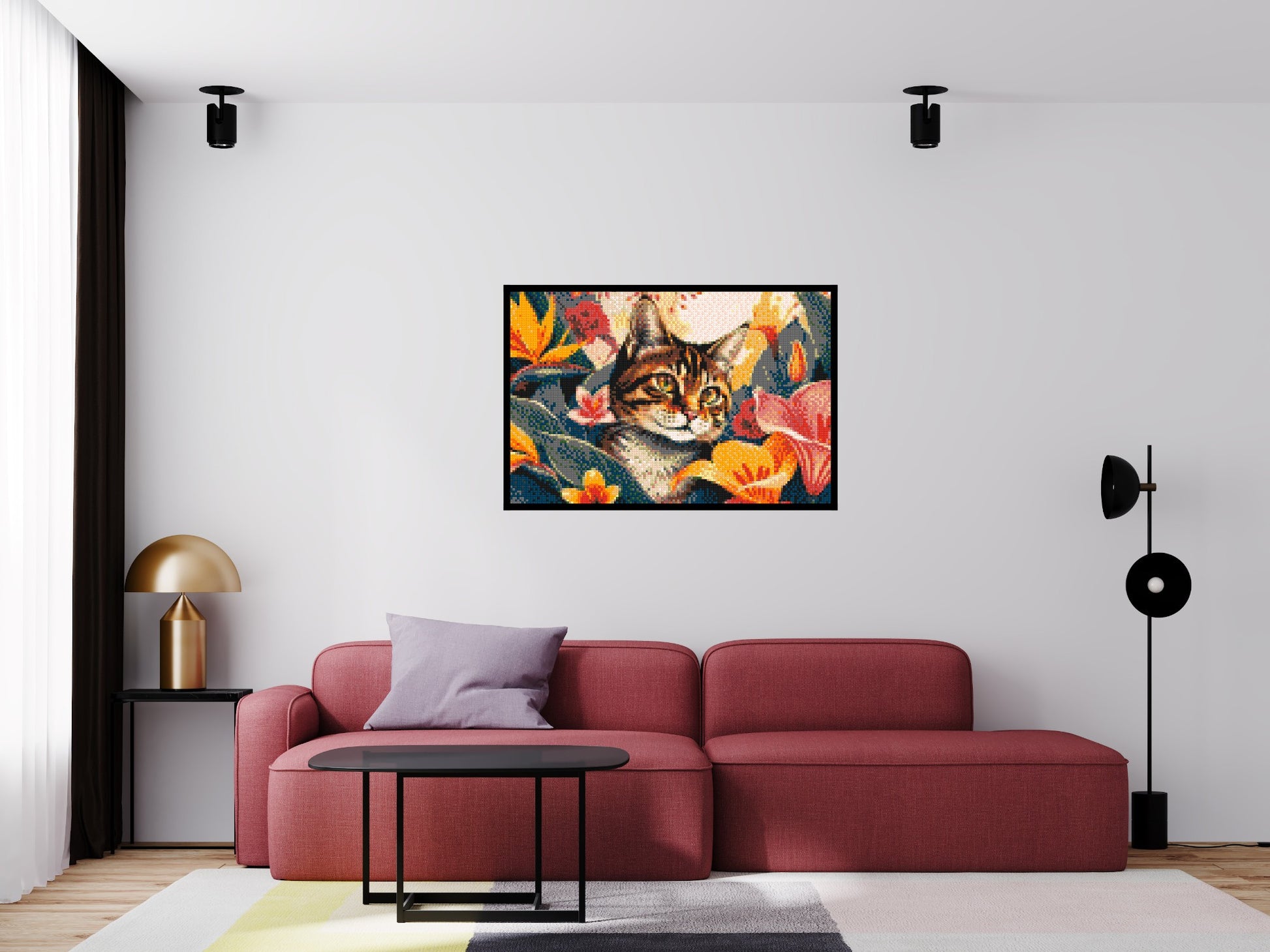 Tabby Cat in Tropical Flower Jungle Pop Art - Brick Art Mosaic Kit 6x4 scene with frame