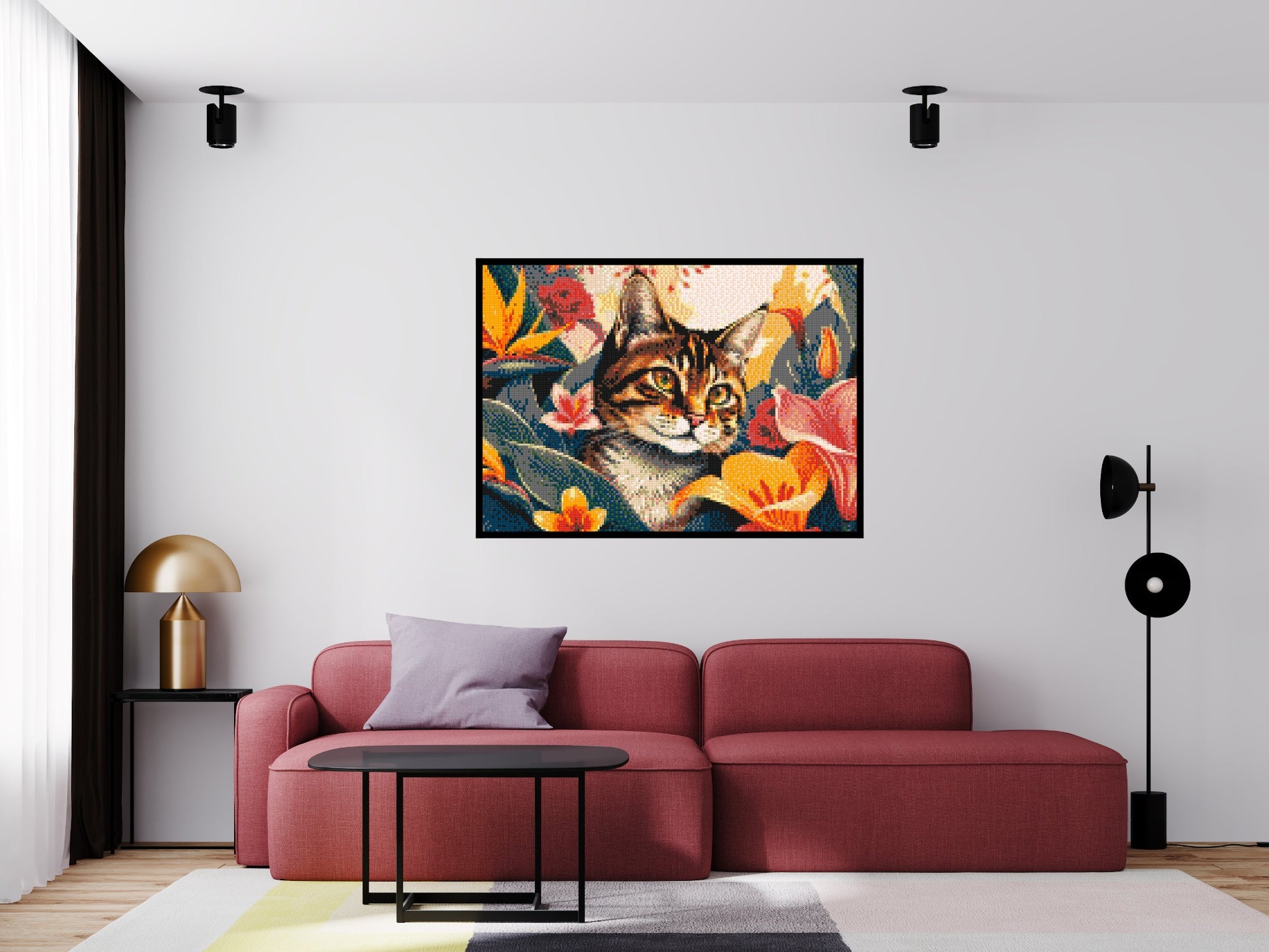 Tabby Cat in Tropical Flower Jungle Pop Art - Brick Art Mosaic Kit 7x5 scene with frame