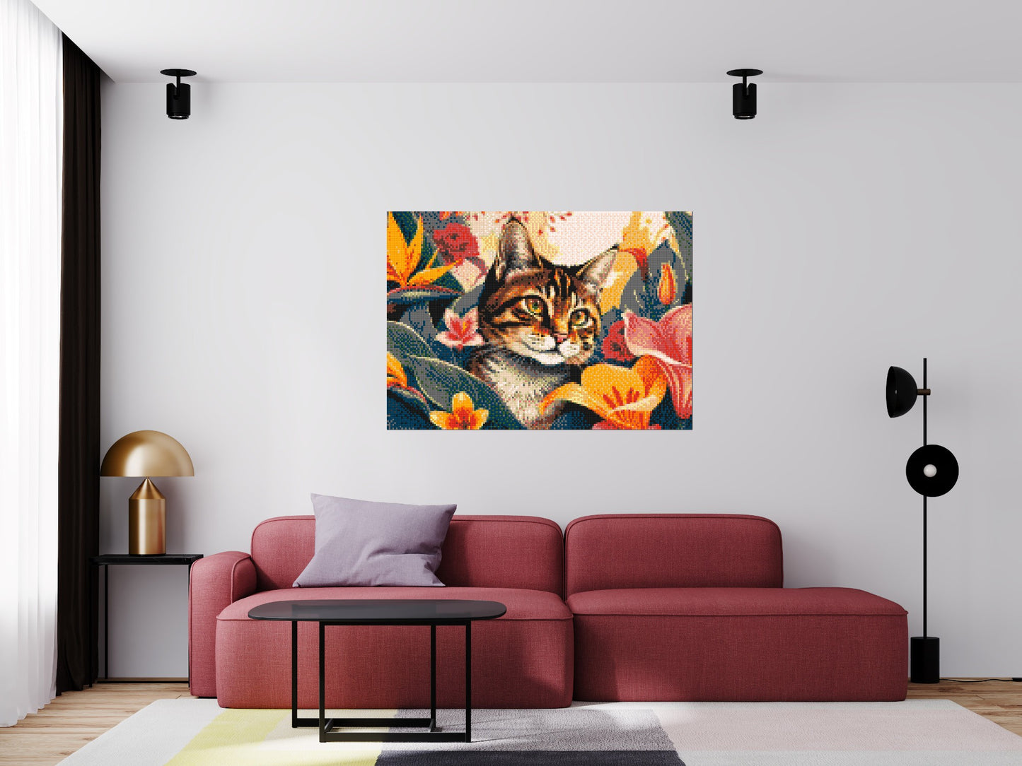 Tabby Cat in Tropical Flower Jungle Pop Art - Brick Art Mosaic Kit 7x5 large