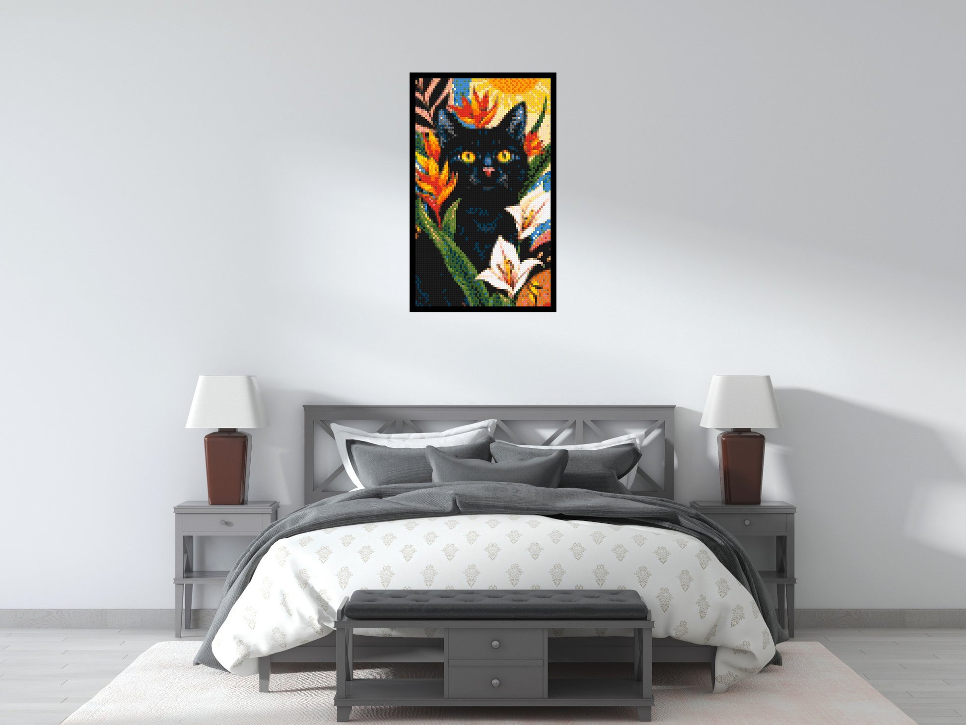 Black Cat in Tropical Sun Illustration - Brick Art Mosaic Kit 3x5 scene with frame