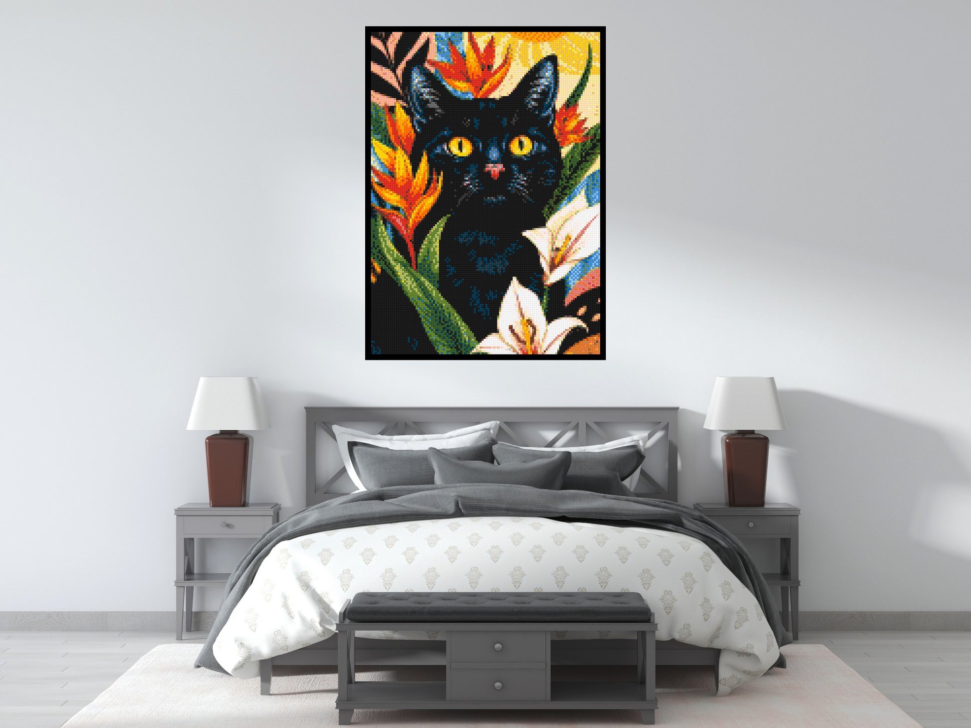 Black Cat in Tropical Sun Illustration - Brick Art Mosaic Kit 5x7 scene with frame