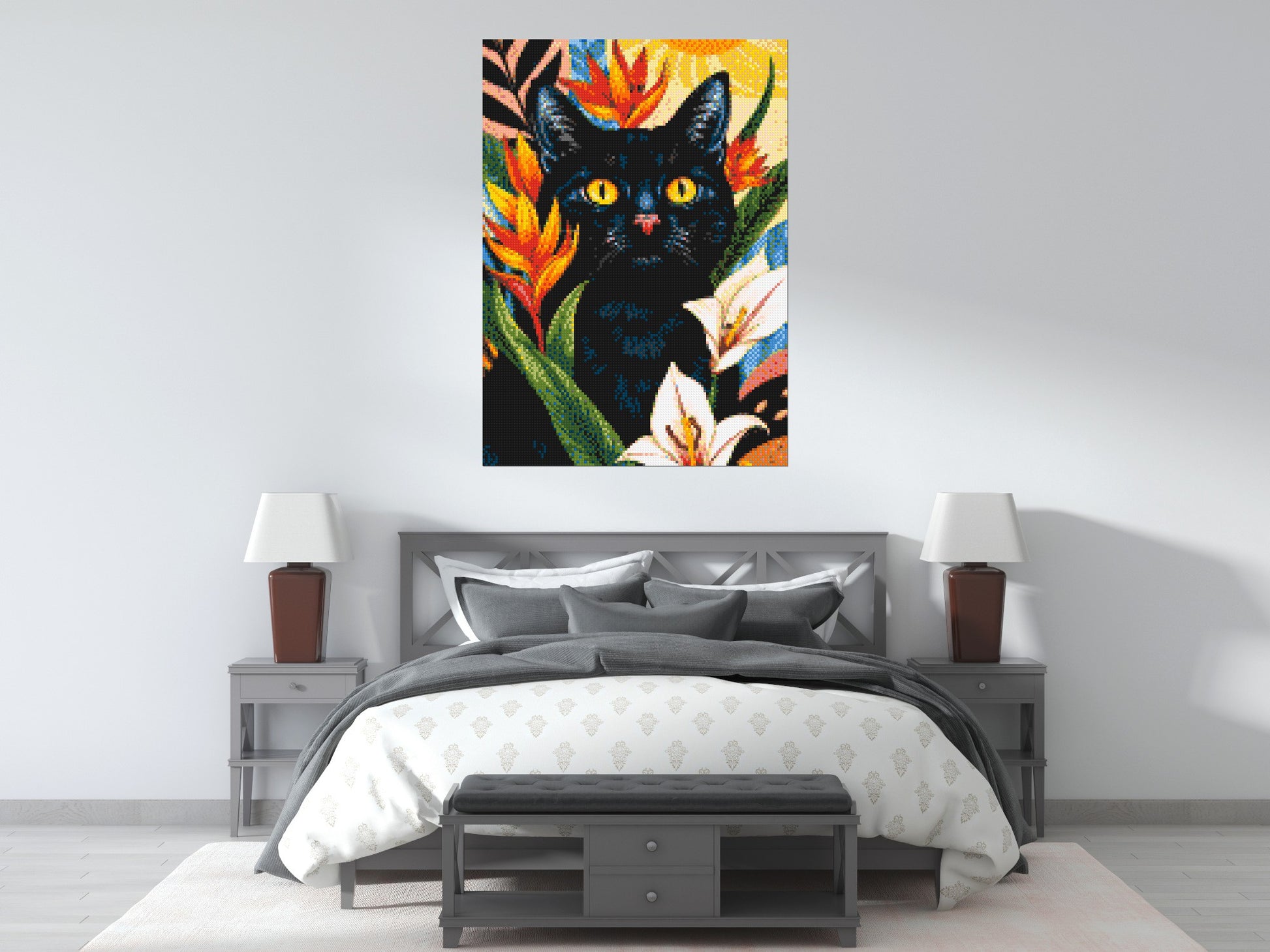 Black Cat in Tropical Sun Illustration - Brick Art Mosaic Kit 5x7 scene