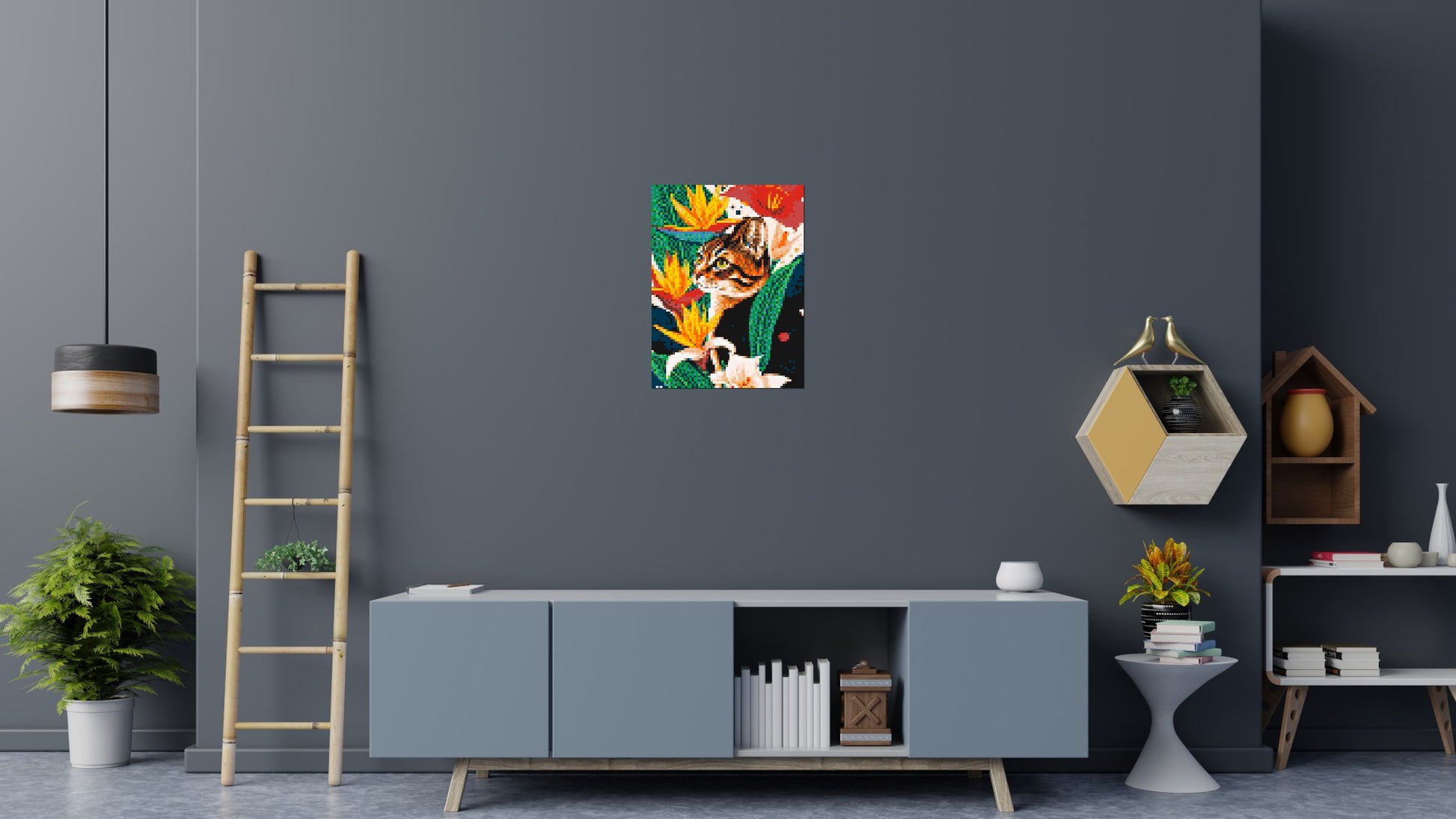 Tabby Cat with Birds of Paradise Illustration - Brick Art Mosaic Kit 3x4 scene
