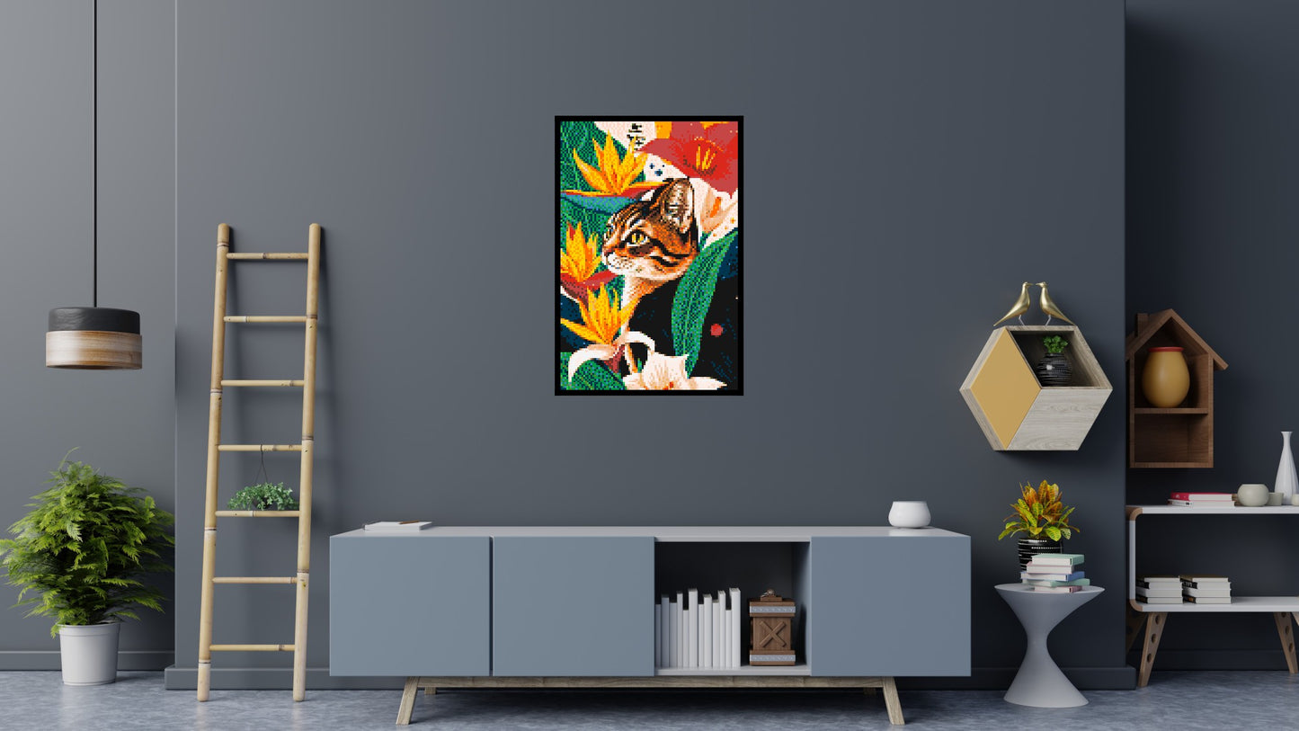 Tabby Cat with Birds of Paradise Illustration - Brick Art Mosaic Kit 4x6 large