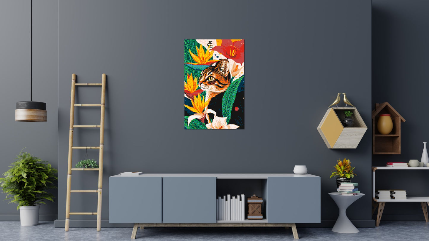 Tabby Cat with Birds of Paradise Illustration - Brick Art Mosaic Kit 4x6 large