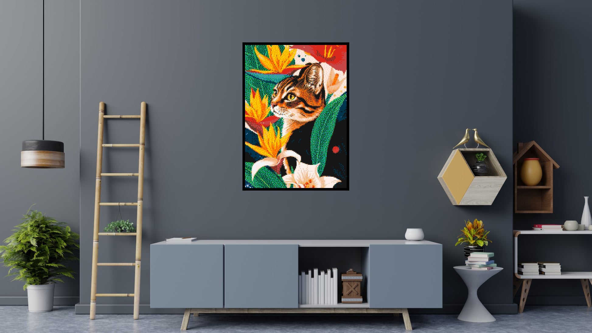 Tabby Cat with Birds of Paradise Illustration - Brick Art Mosaic Kit 5x7 scene with frame