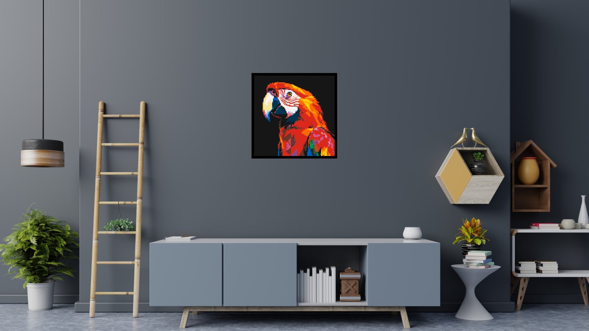 Scarlet Macaw Geometric Pop Art - Brick Art Mosaic Kit 4x4 scene with frame