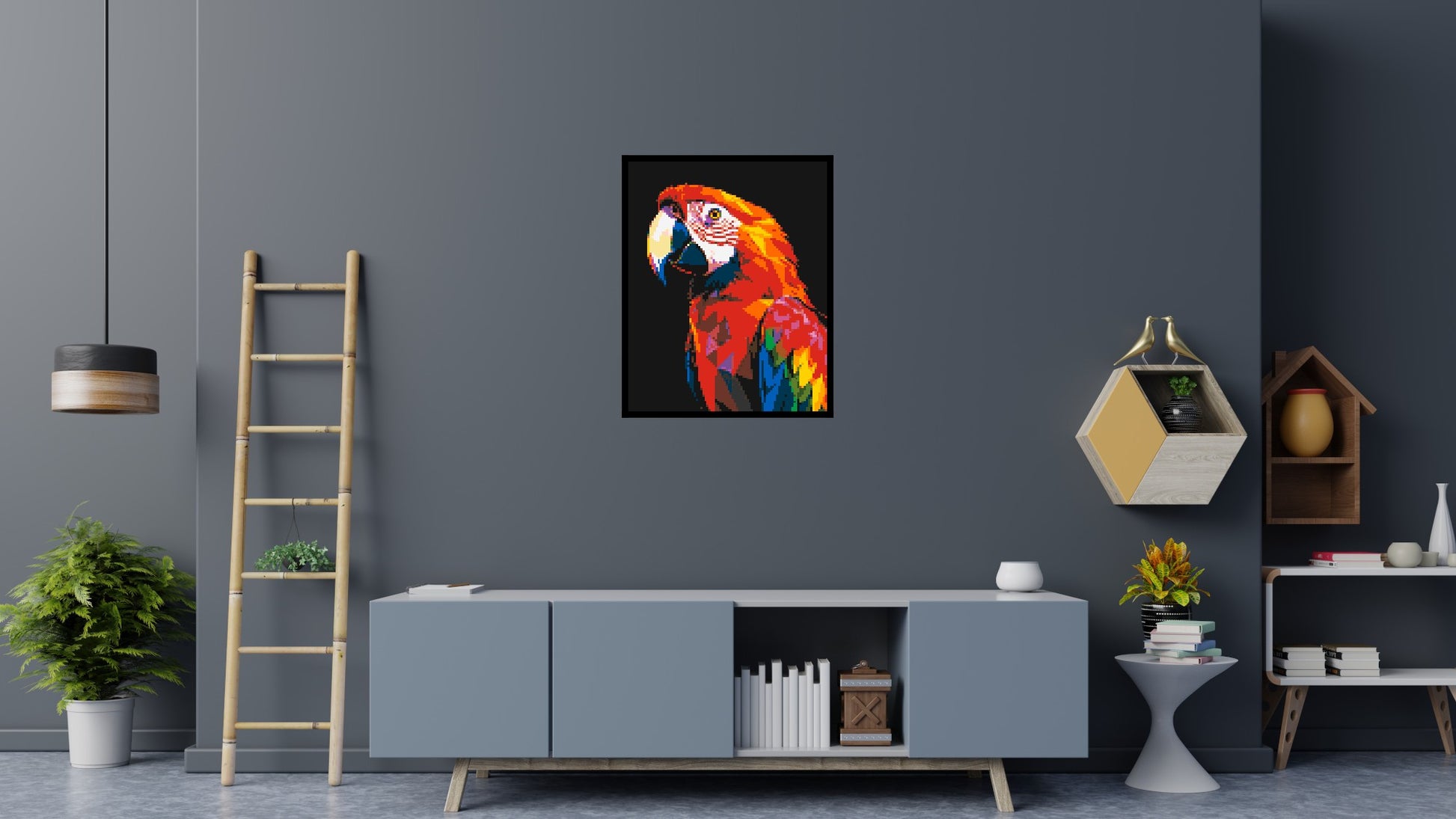 Scarlet Macaw Geometric Pop Art - Brick Art Mosaic Kit 4x5 scene with frame