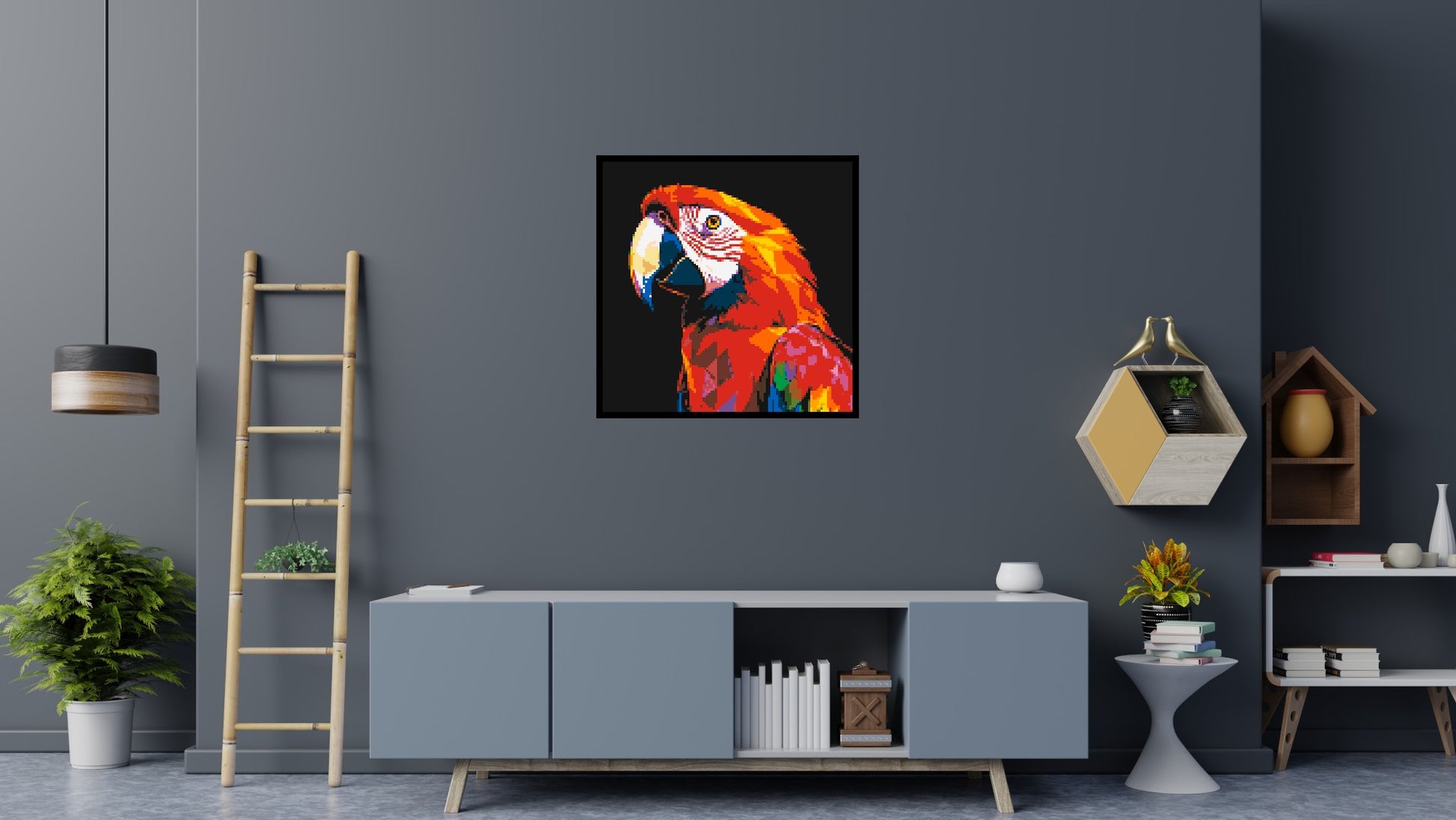 Scarlet Macaw Geometric Pop Art - Brick Art Mosaic Kit 5x5 scene with frame