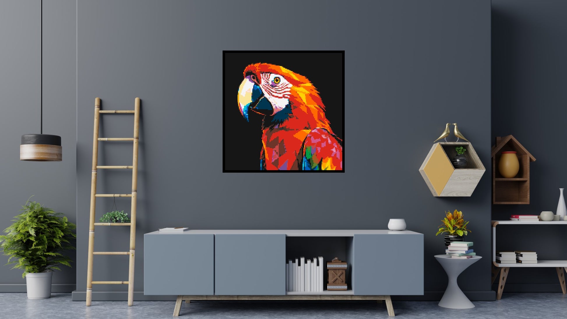Scarlet Macaw Geometric Pop Art - Brick Art Mosaic Kit 6x6 scene with frame