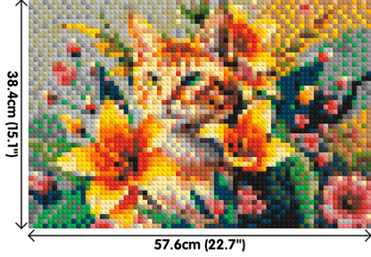 Ginger Tabby Cat with Orange Lilies and Pink Blossoms Illustration - Brick Art Mosaic Kit 3x2 large