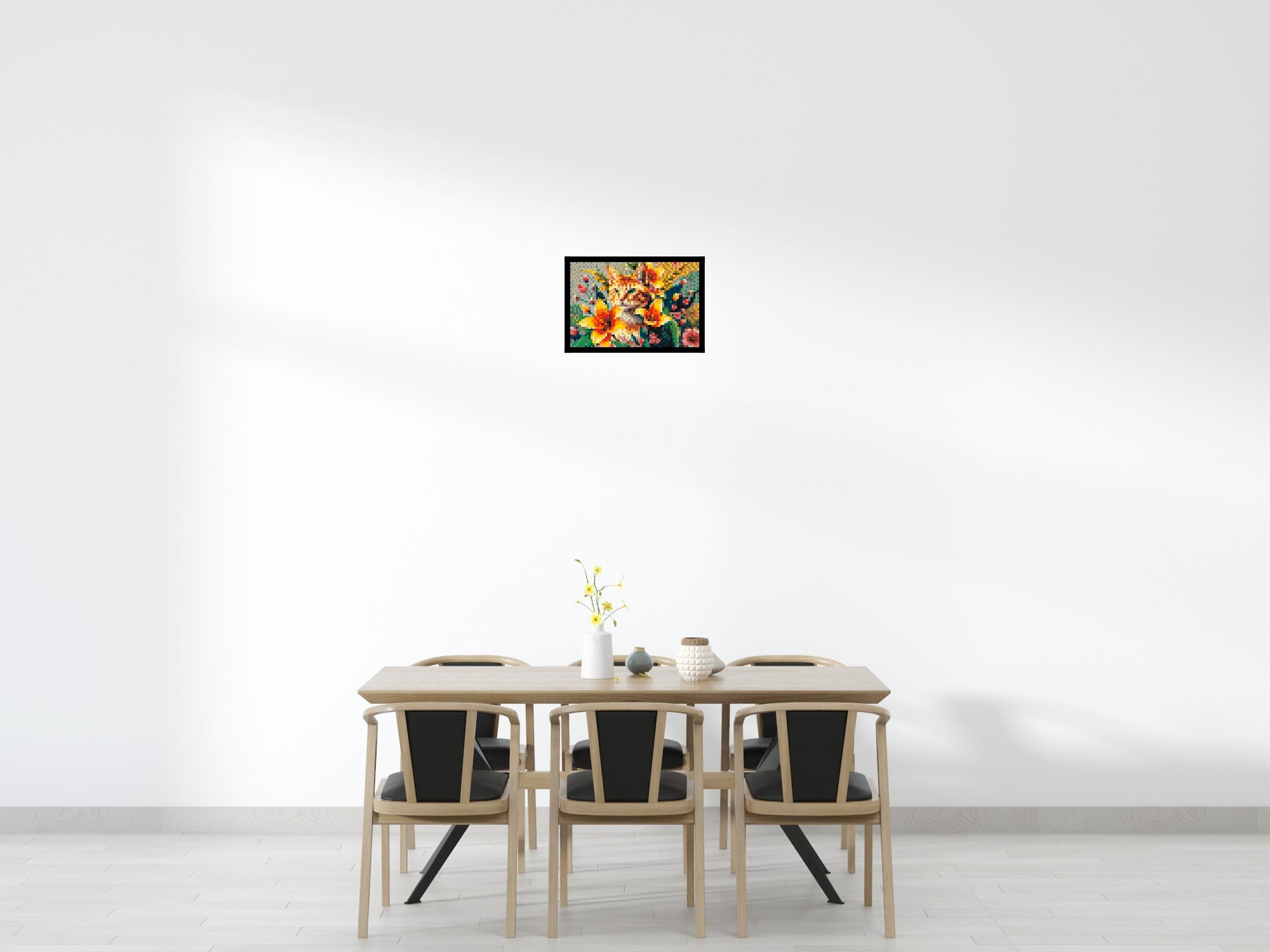 Ginger Tabby Cat with Orange Lilies and Pink Blossoms Illustration - Brick Art Mosaic Kit 3x2 scene with frame