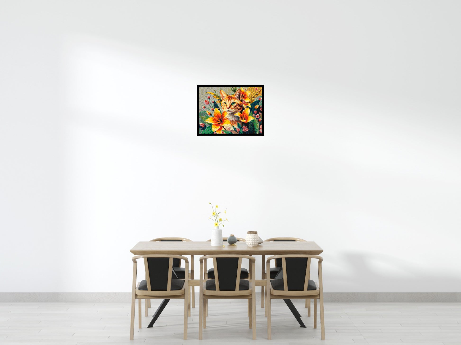 Ginger Tabby Cat with Orange Lilies and Pink Blossoms Illustration - Brick Art Mosaic Kit 4x3 scene with frame