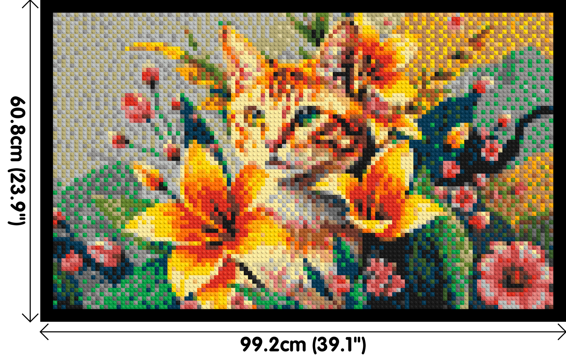 Ginger Tabby Cat with Orange Lilies and Pink Blossoms Illustration - Brick Art Mosaic Kit 5x3 dimensions with frame