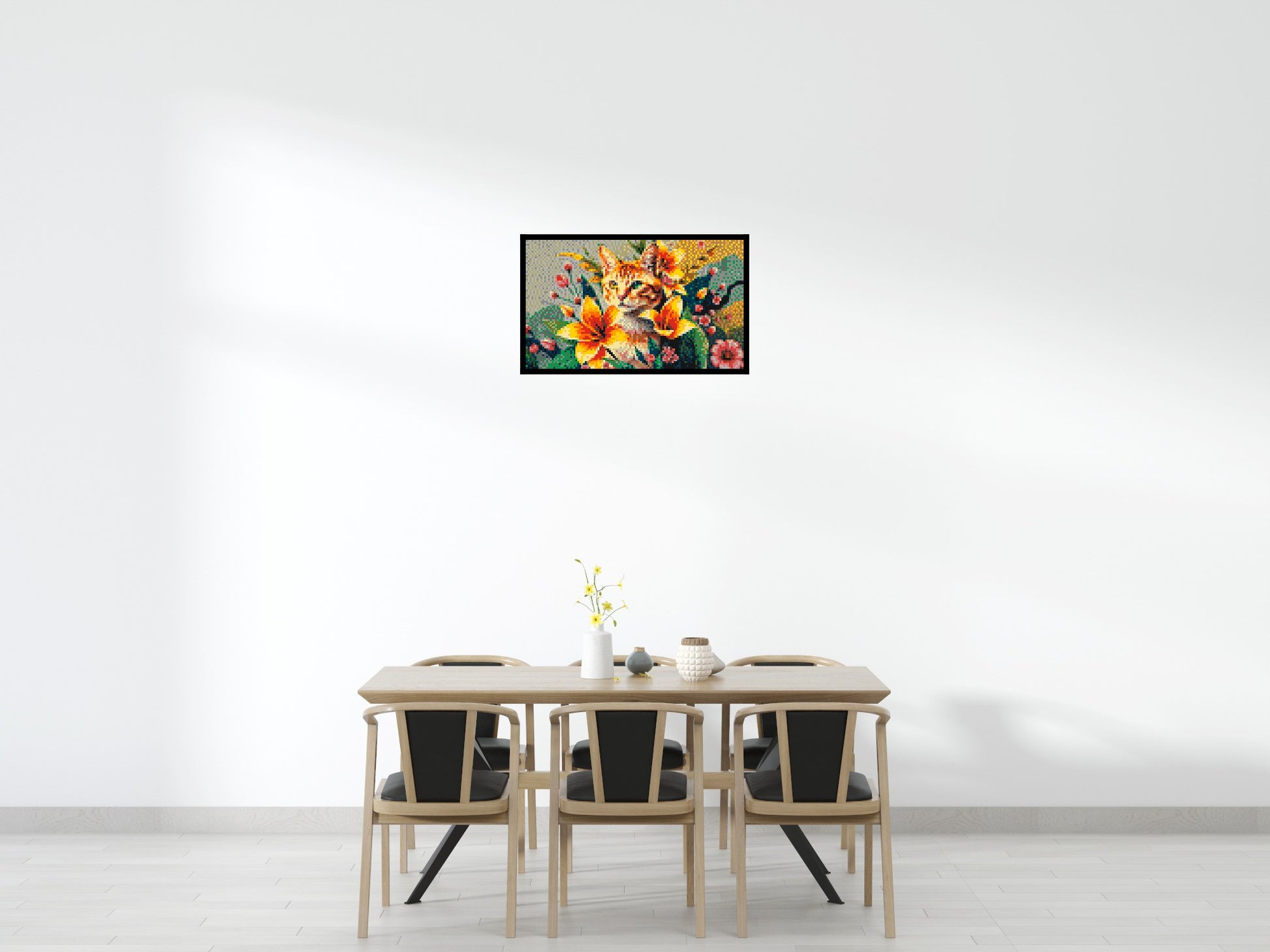 Ginger Tabby Cat with Orange Lilies and Pink Blossoms Illustration - Brick Art Mosaic Kit 5x3 scene with frame