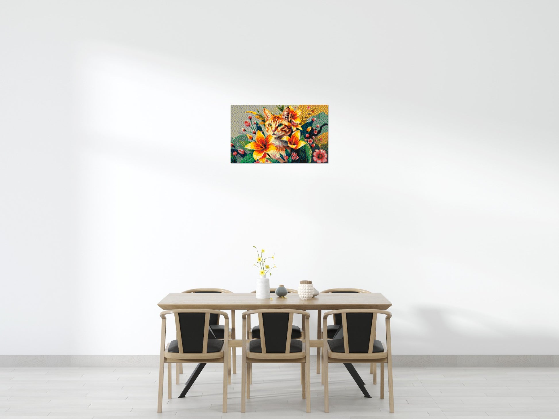 Ginger Tabby Cat with Orange Lilies and Pink Blossoms Illustration - Brick Art Mosaic Kit 5x3 scene