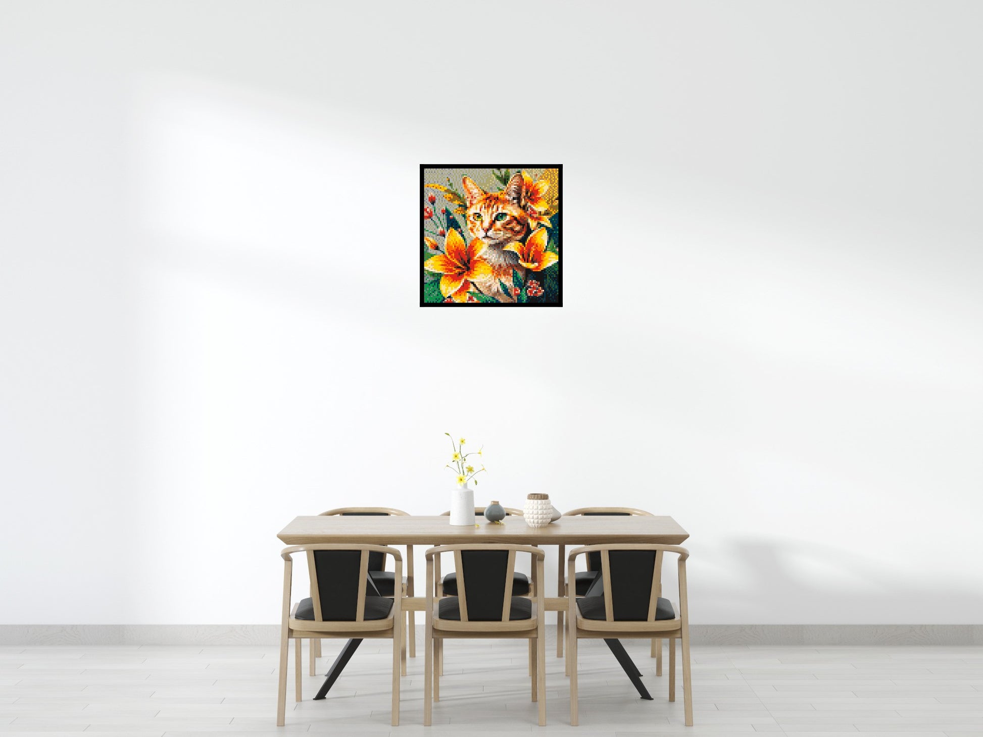 Ginger Tabby Cat with Orange Lilies and Pink Blossoms Illustration - Brick Art Mosaic Kit 4x4 scene with frame