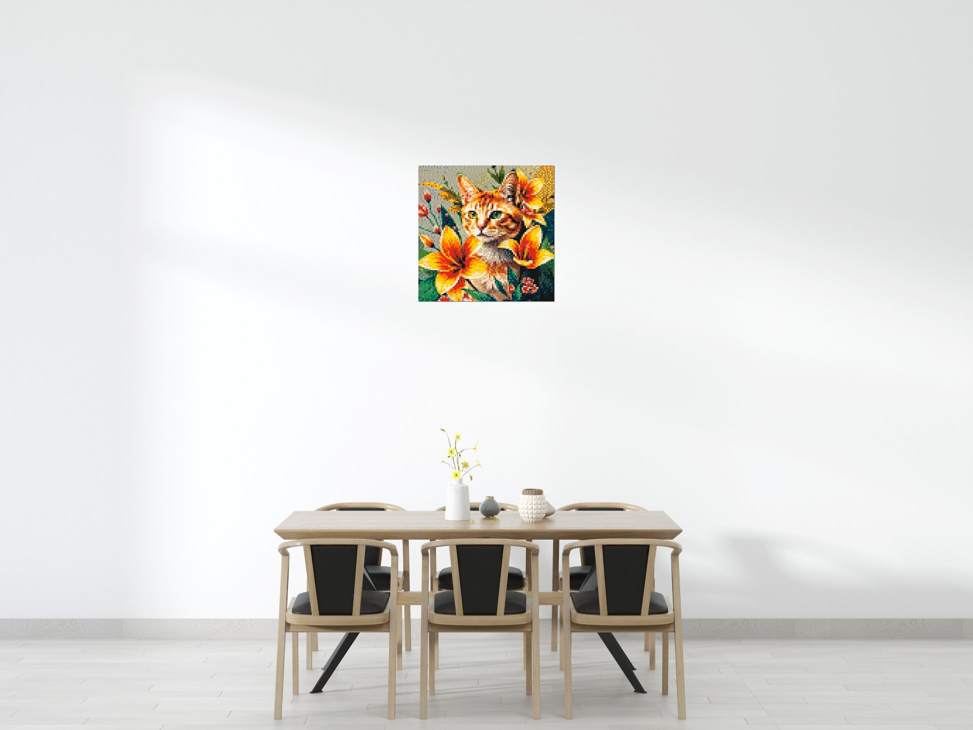 Ginger Tabby Cat with Orange Lilies and Pink Blossoms Illustration - Brick Art Mosaic Kit 4x4 scene