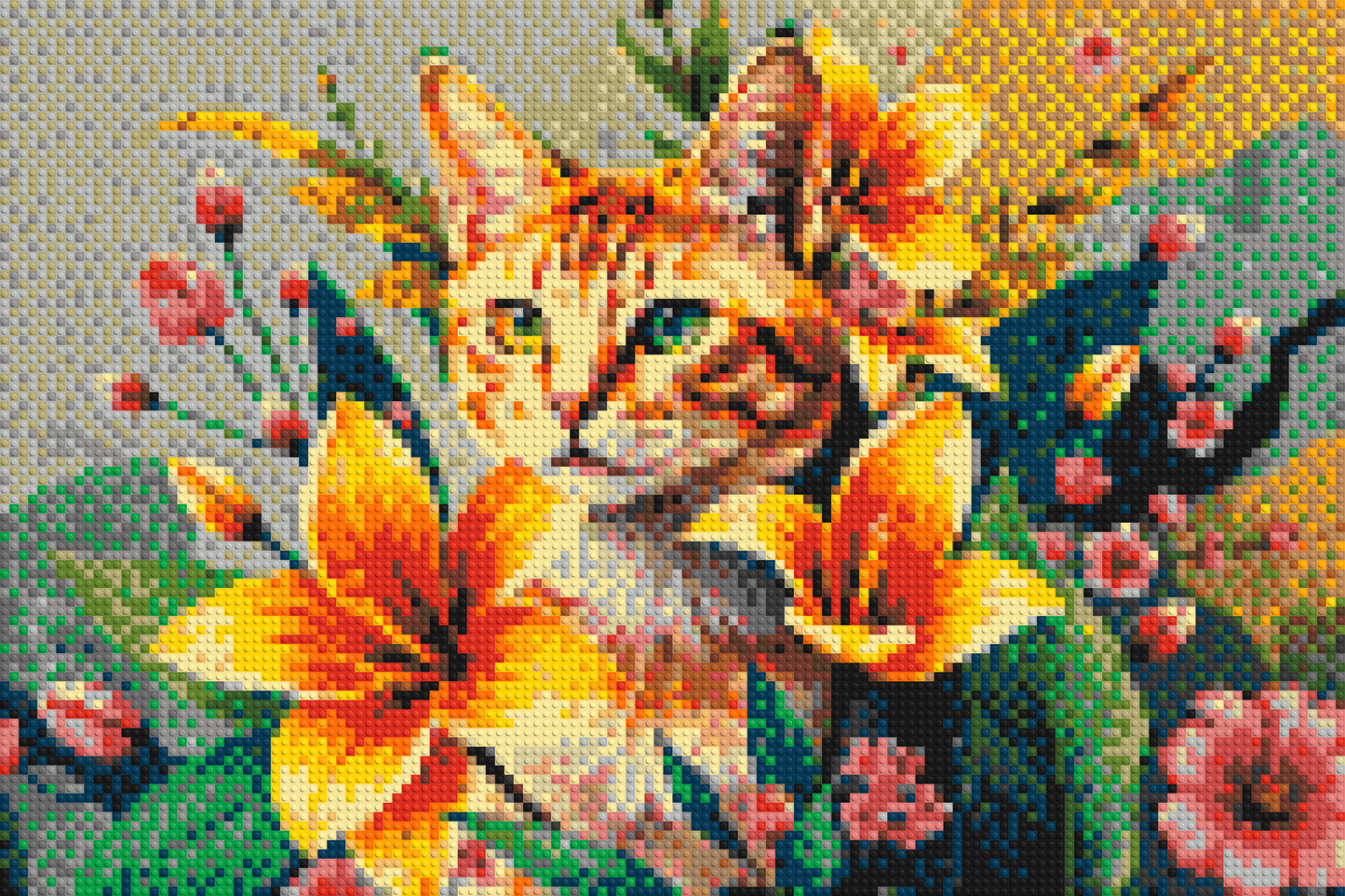 Ginger Tabby Cat with Orange Lilies and Pink Blossoms Illustration - Brick Art Mosaic Kit 6x4 large