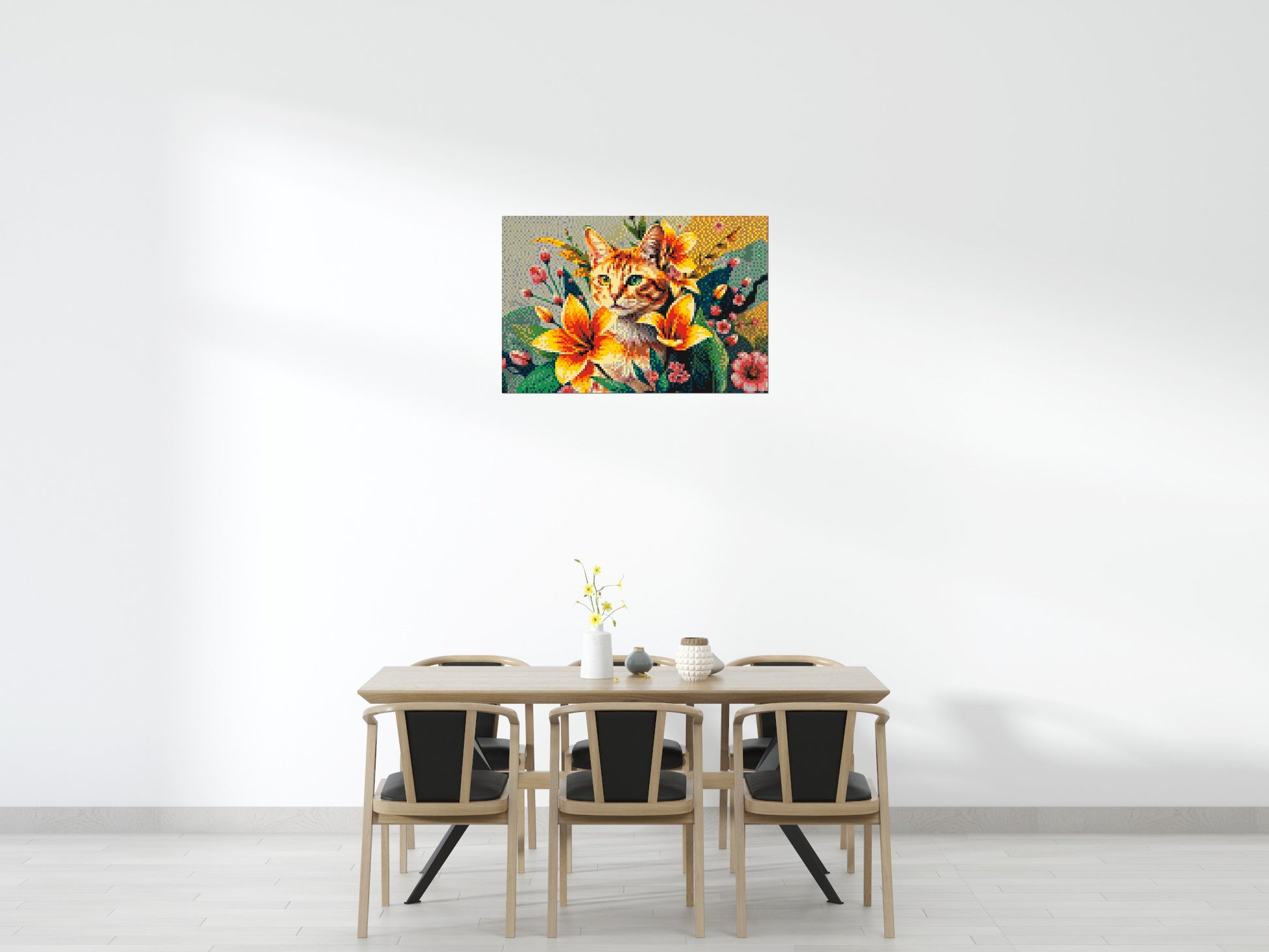 Ginger Tabby Cat with Orange Lilies and Pink Blossoms Illustration - Brick Art Mosaic Kit 6x4 scene
