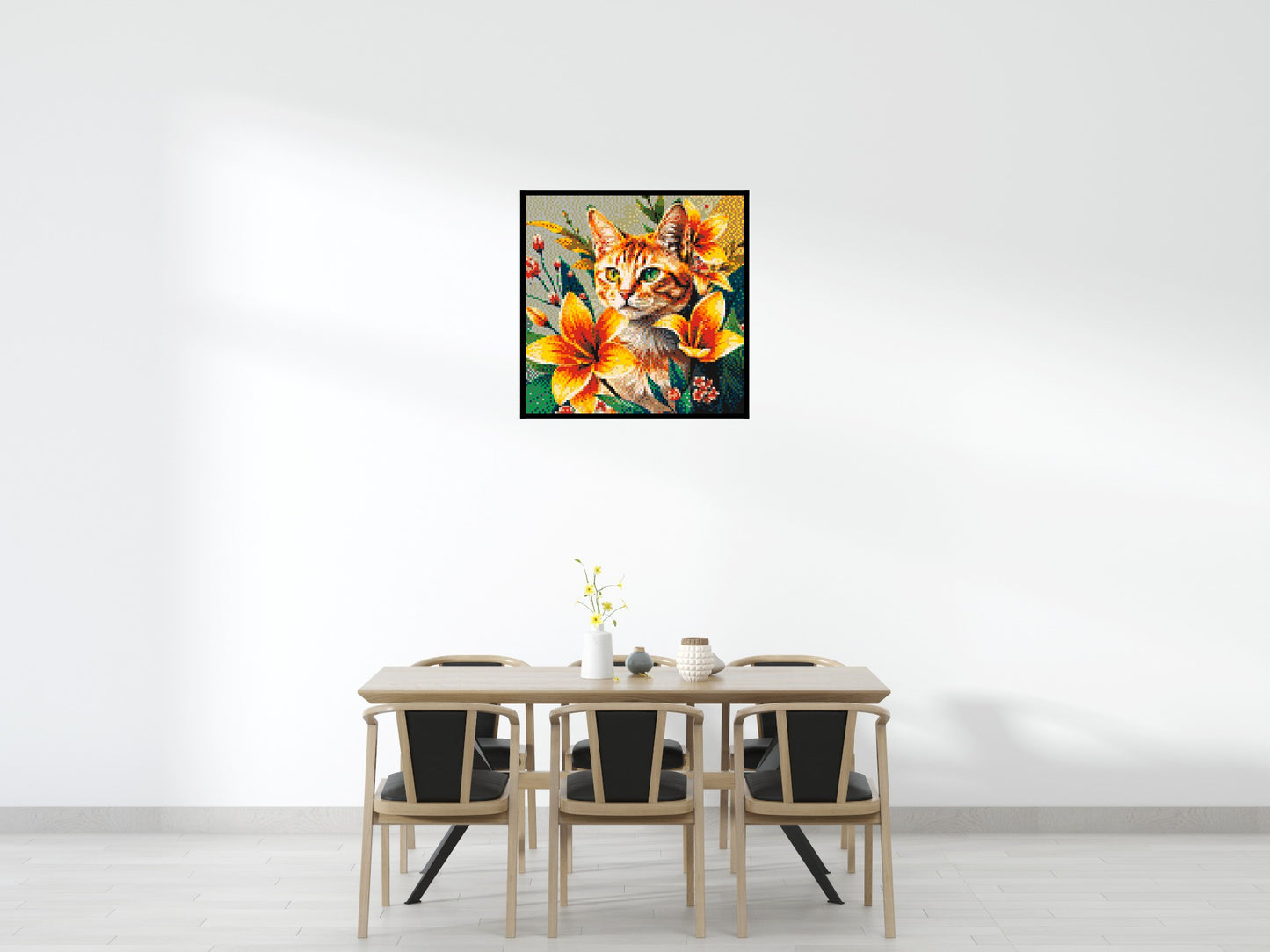 Ginger Tabby Cat with Orange Lilies and Pink Blossoms Illustration - Brick Art Mosaic Kit 5x5 large